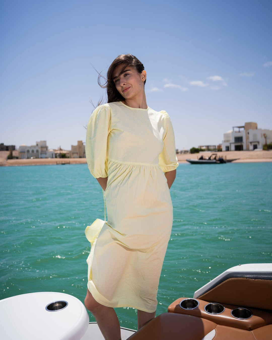 Yellow Solid Round Neck Cotton Flared Midi Dress For Women