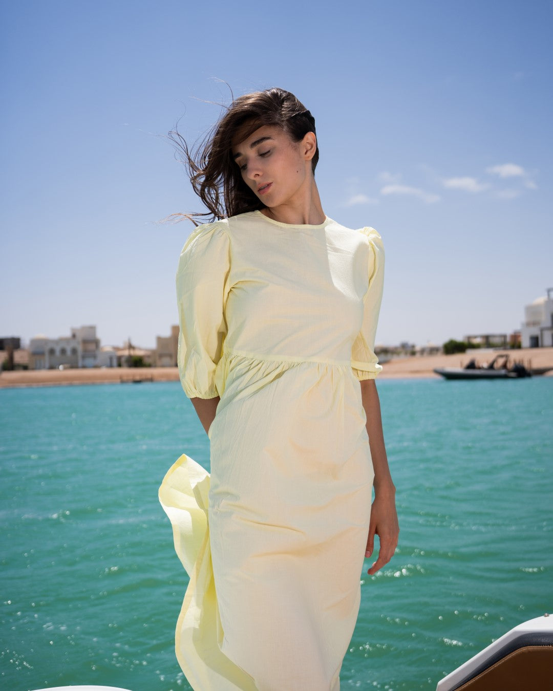 Yellow Solid Round Neck Cotton Flared Midi Dress For Women
