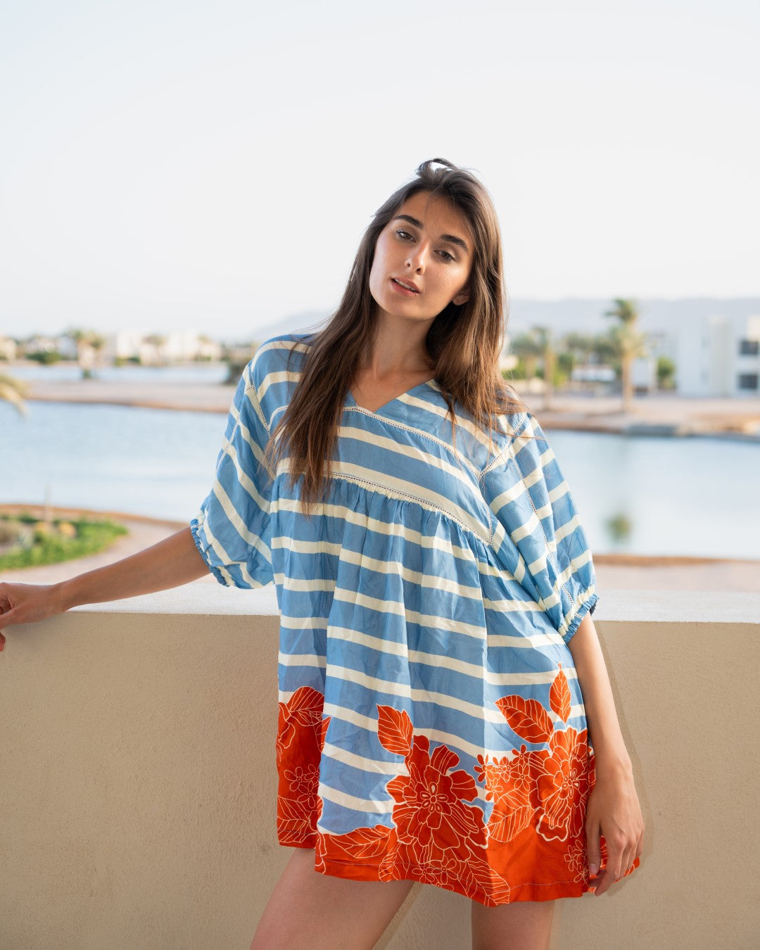 Blue Stripes Print V Neck Cotton Mini Dress For Women