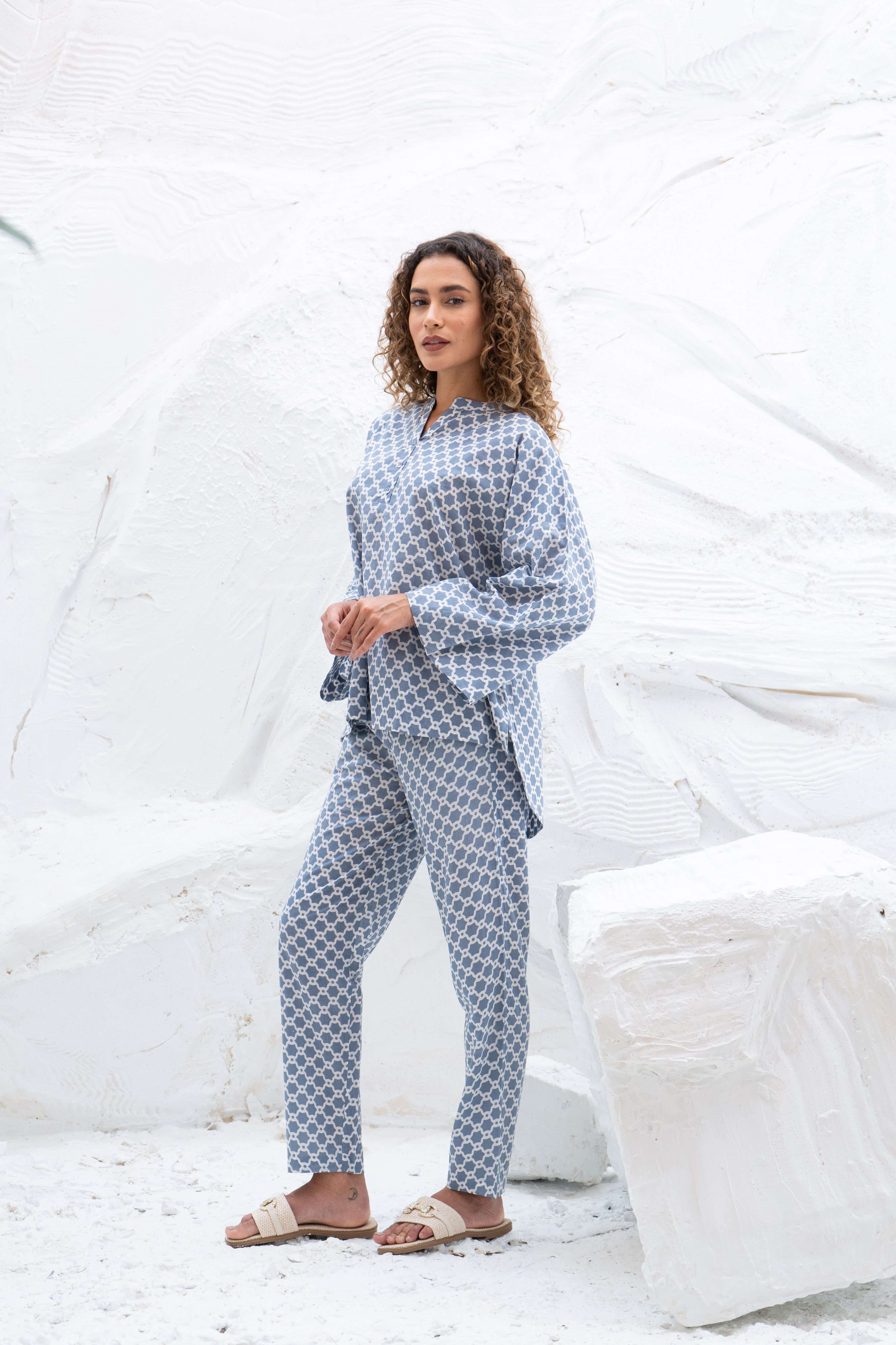 Blue Printed Cotton Night Suit Set - SanskrutiHomes 