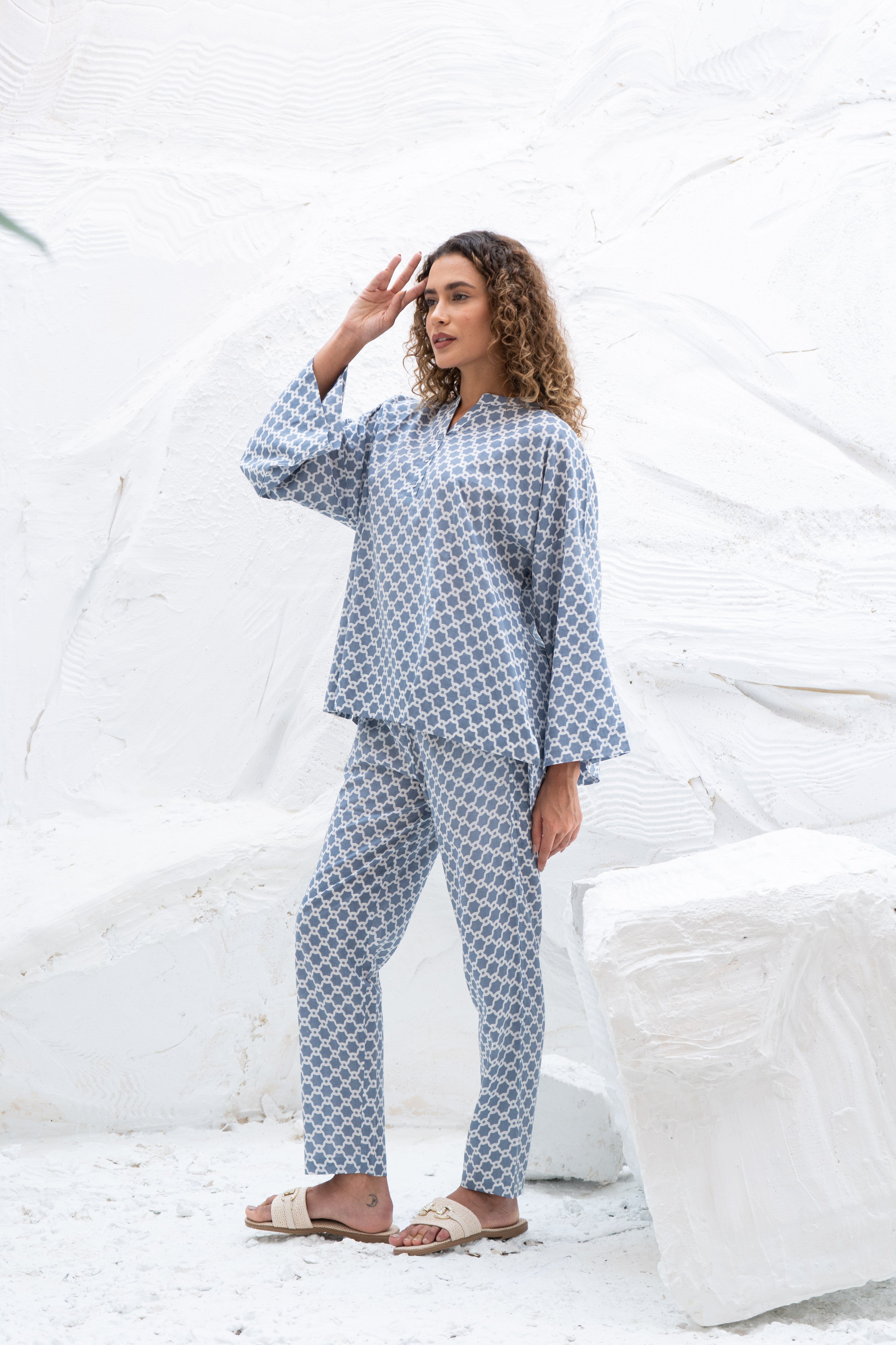 Blue Printed Cotton Night Suit Set