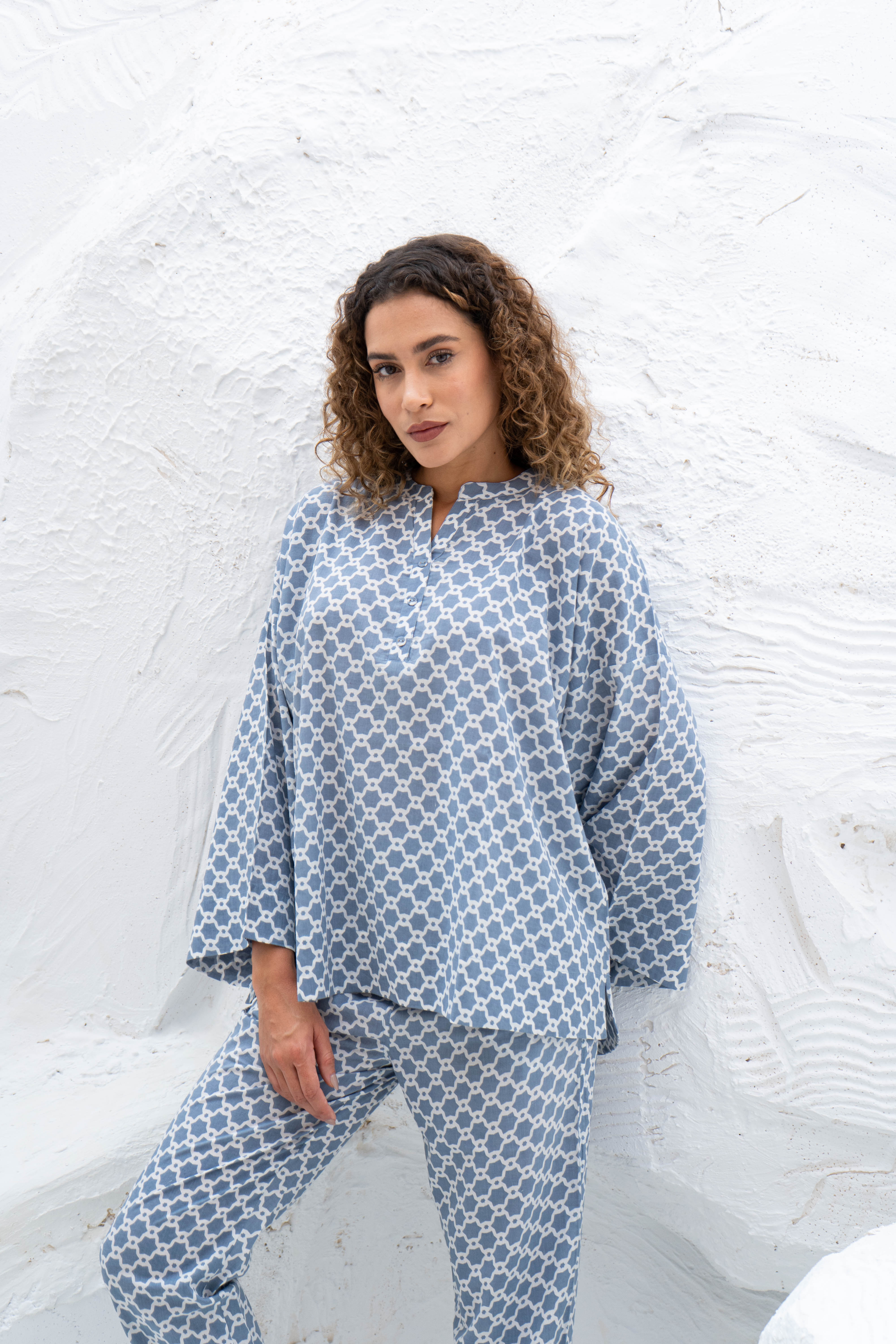 Blue Printed Cotton Night Suit Set