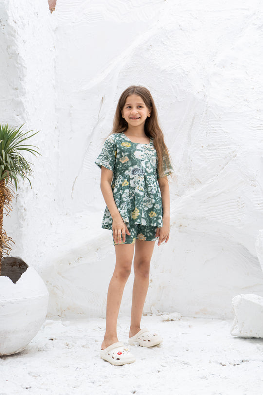 Green Flower Printed Cotton Night Suit for Kids