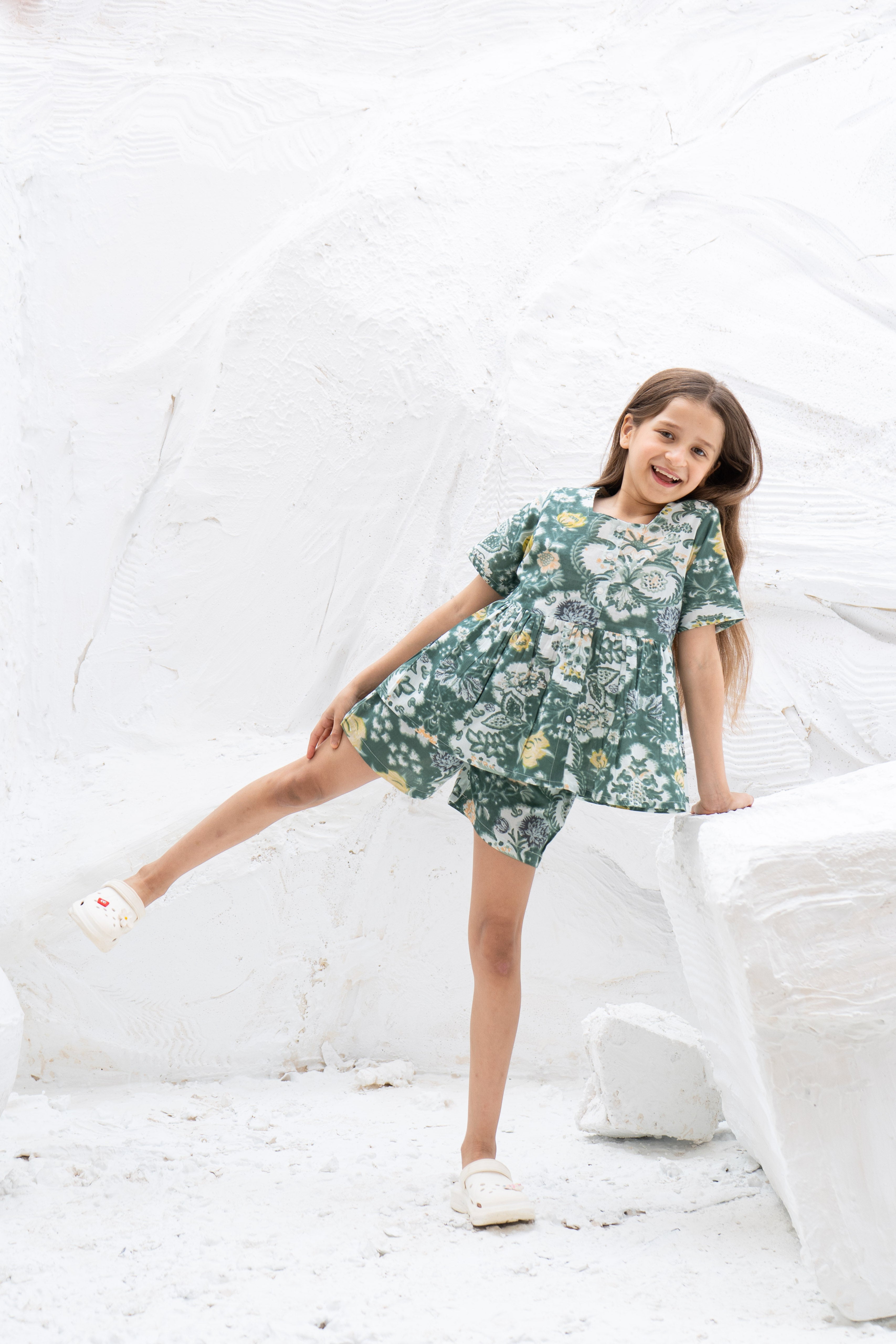 Green Flower Printed Cotton Night Suit for Kids