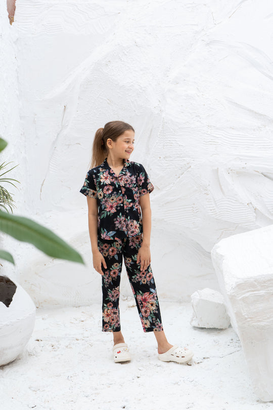 Black Flower Printed Cotton Night Suit for Kids