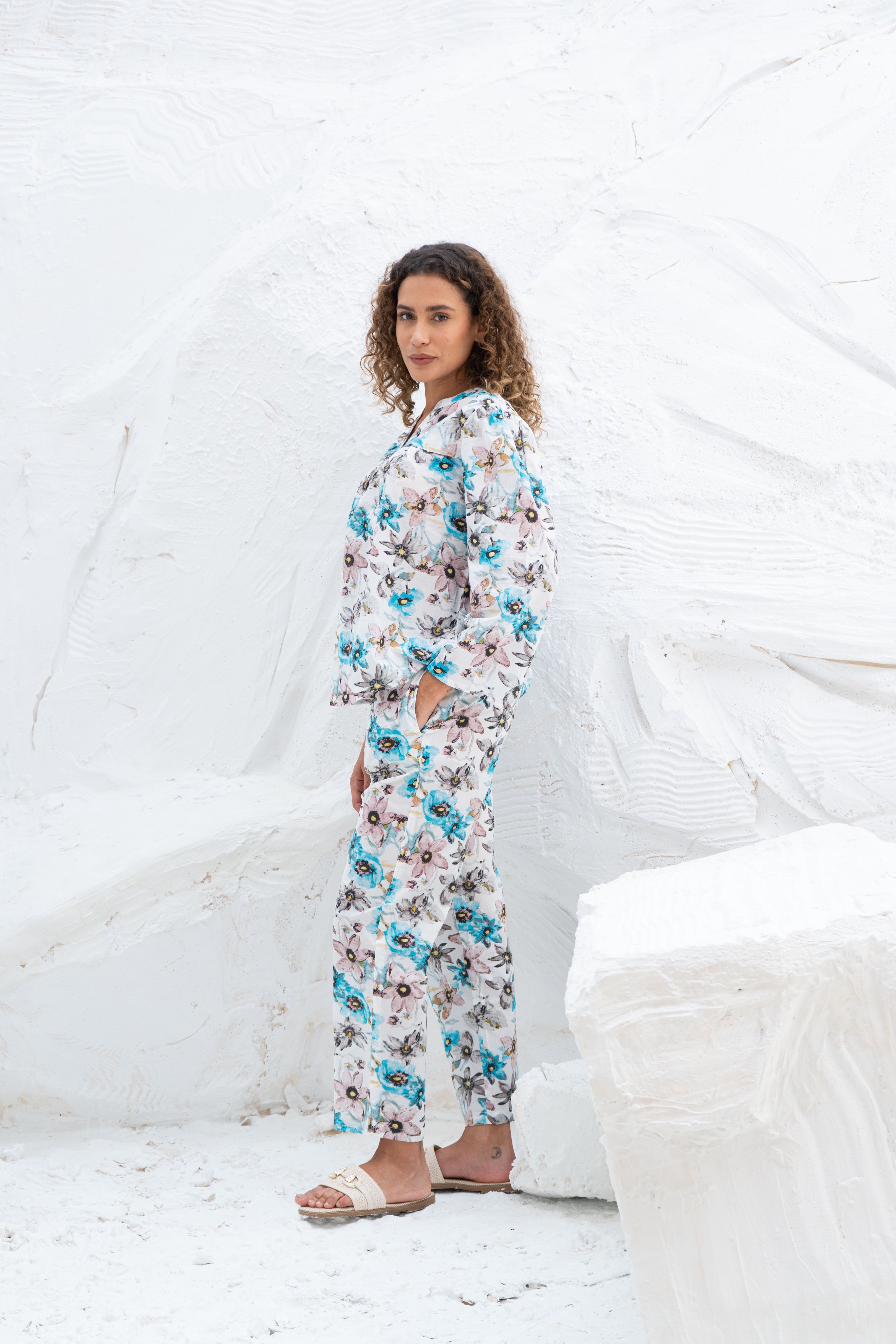 White Flower Printed Cotton Night Suit Set