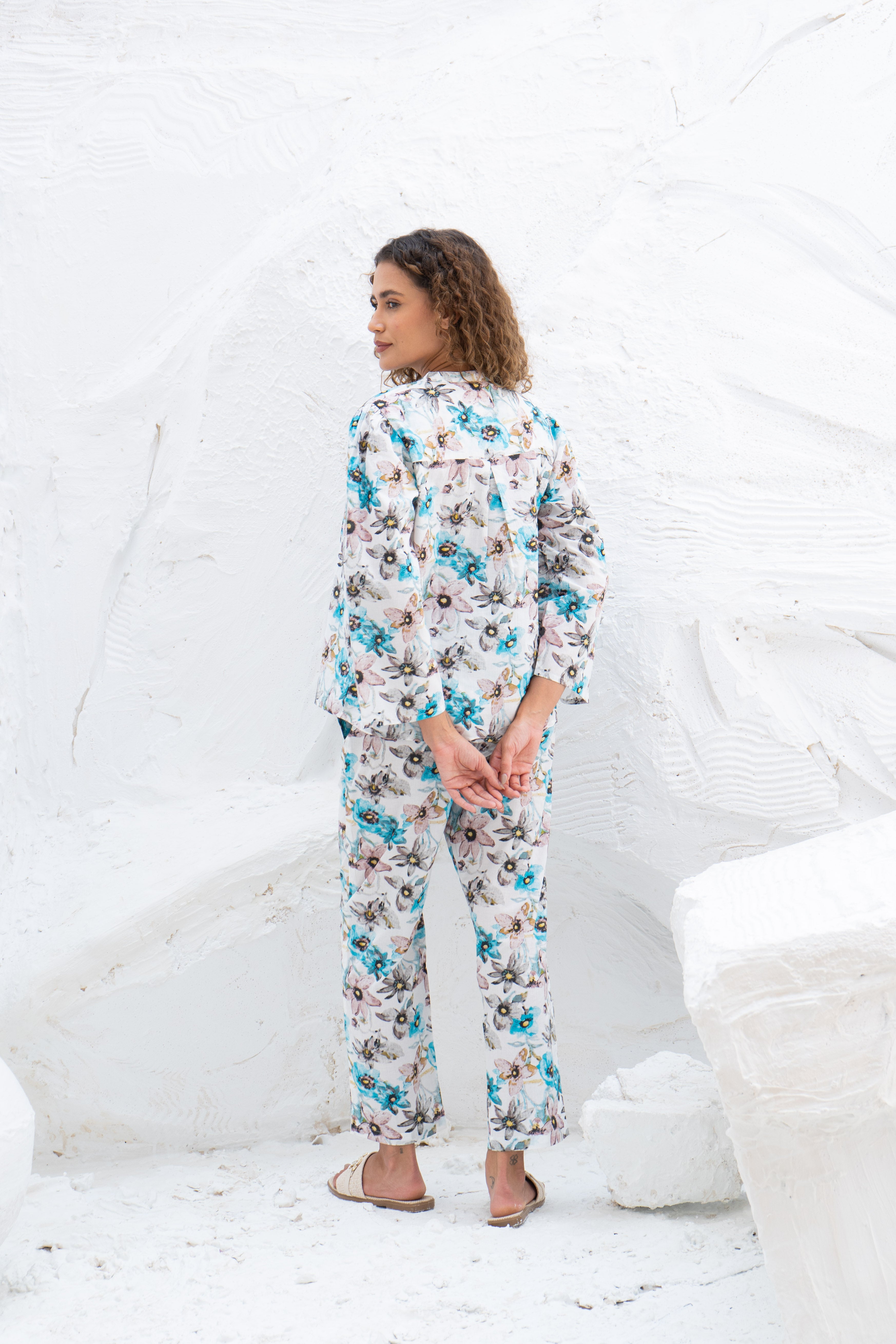 White Flower Printed Cotton Night Suit Set