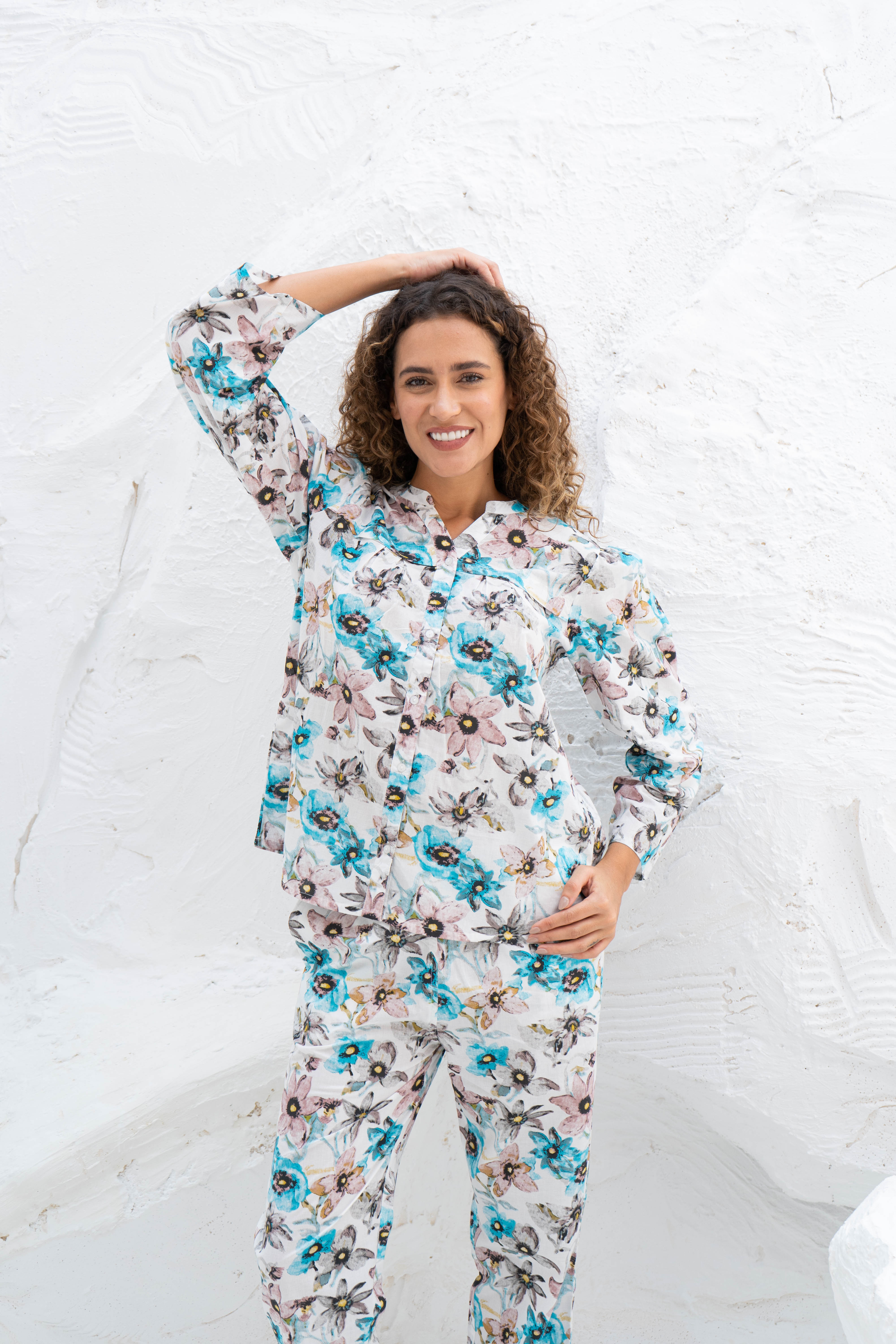 White Flower Printed Cotton Night Suit Set