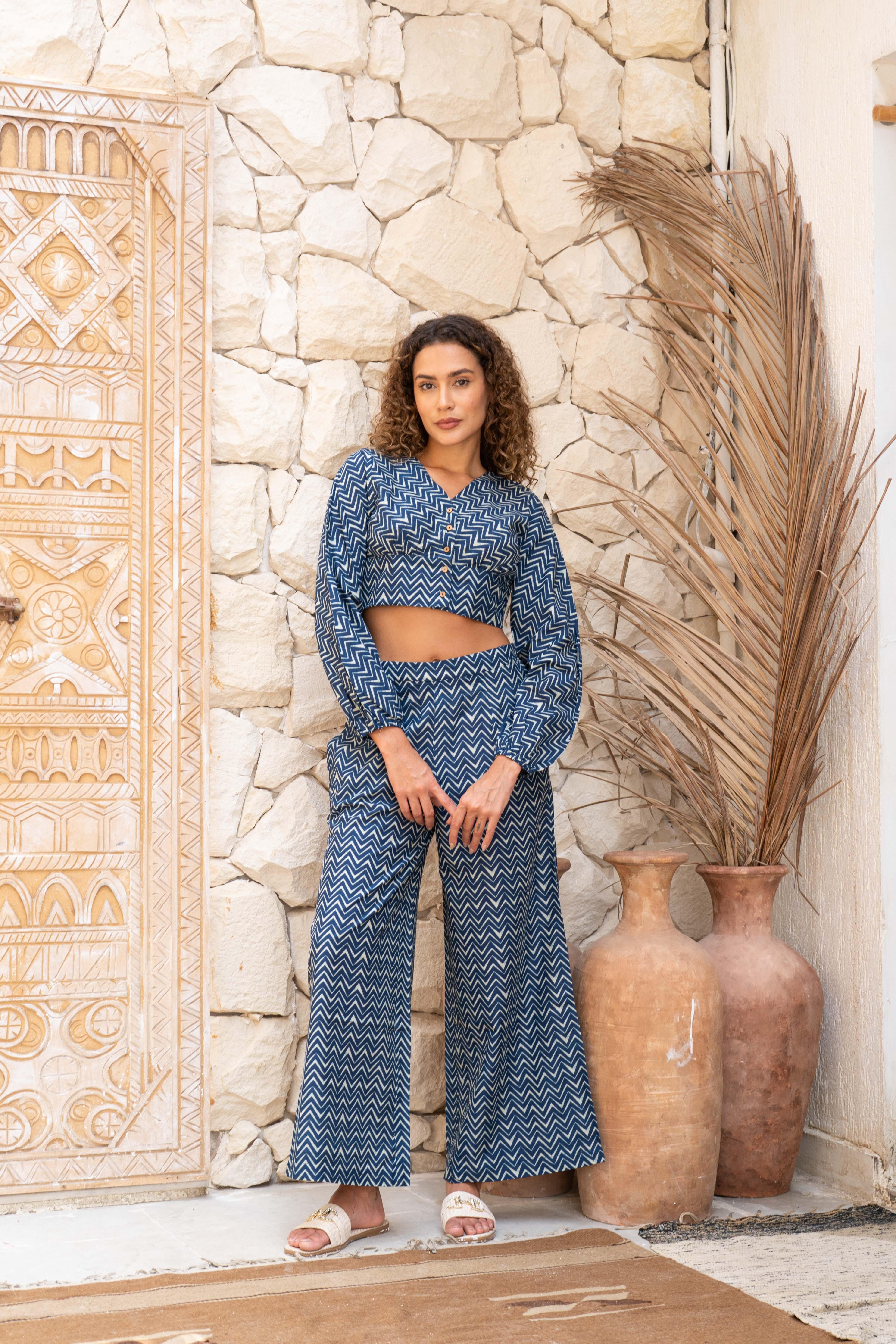 Blue Cotton Crop Top Co-ords Set - SanskrutiHomes 