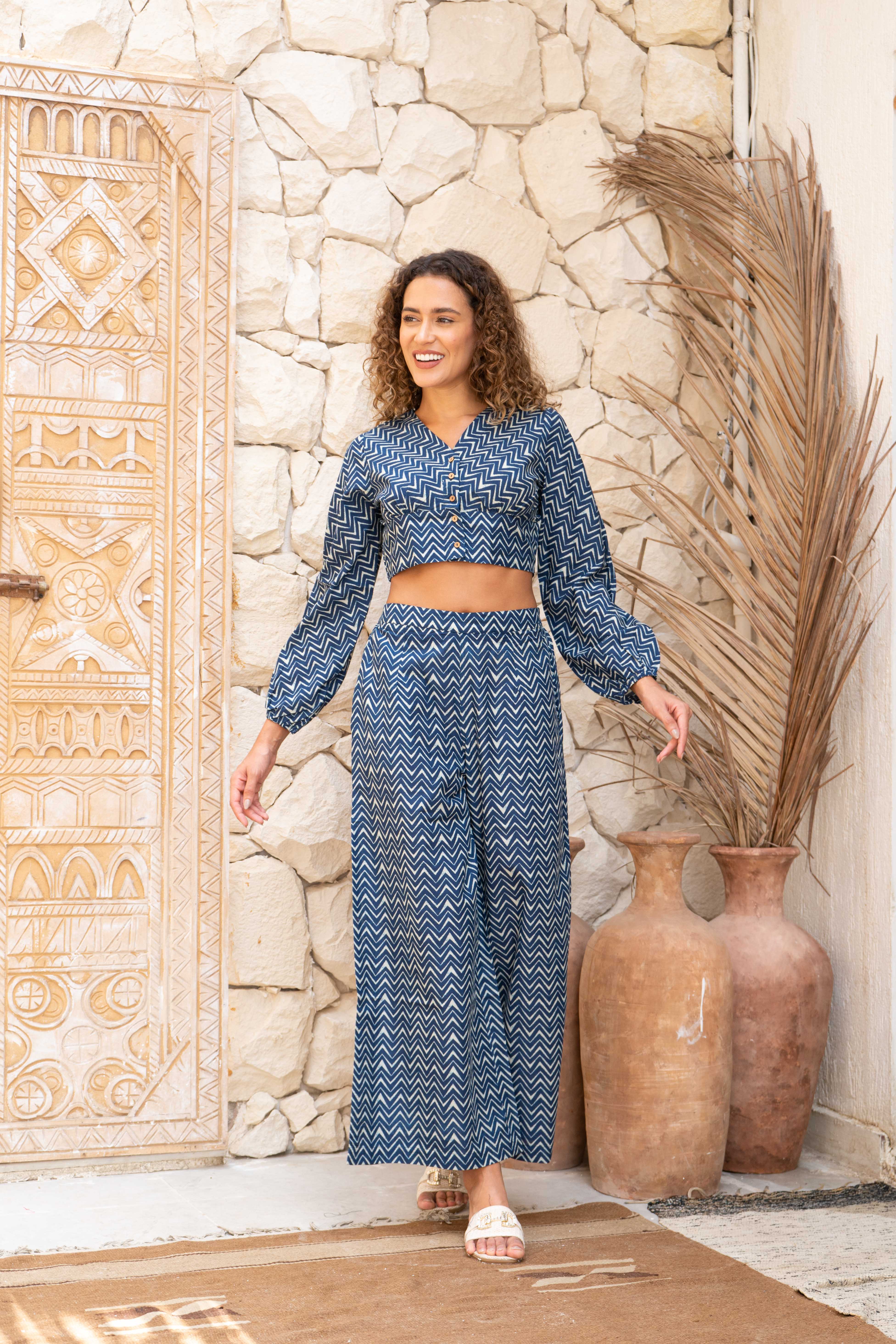 Blue Cotton Crop Top Co-ords Set - SanskrutiHomes 