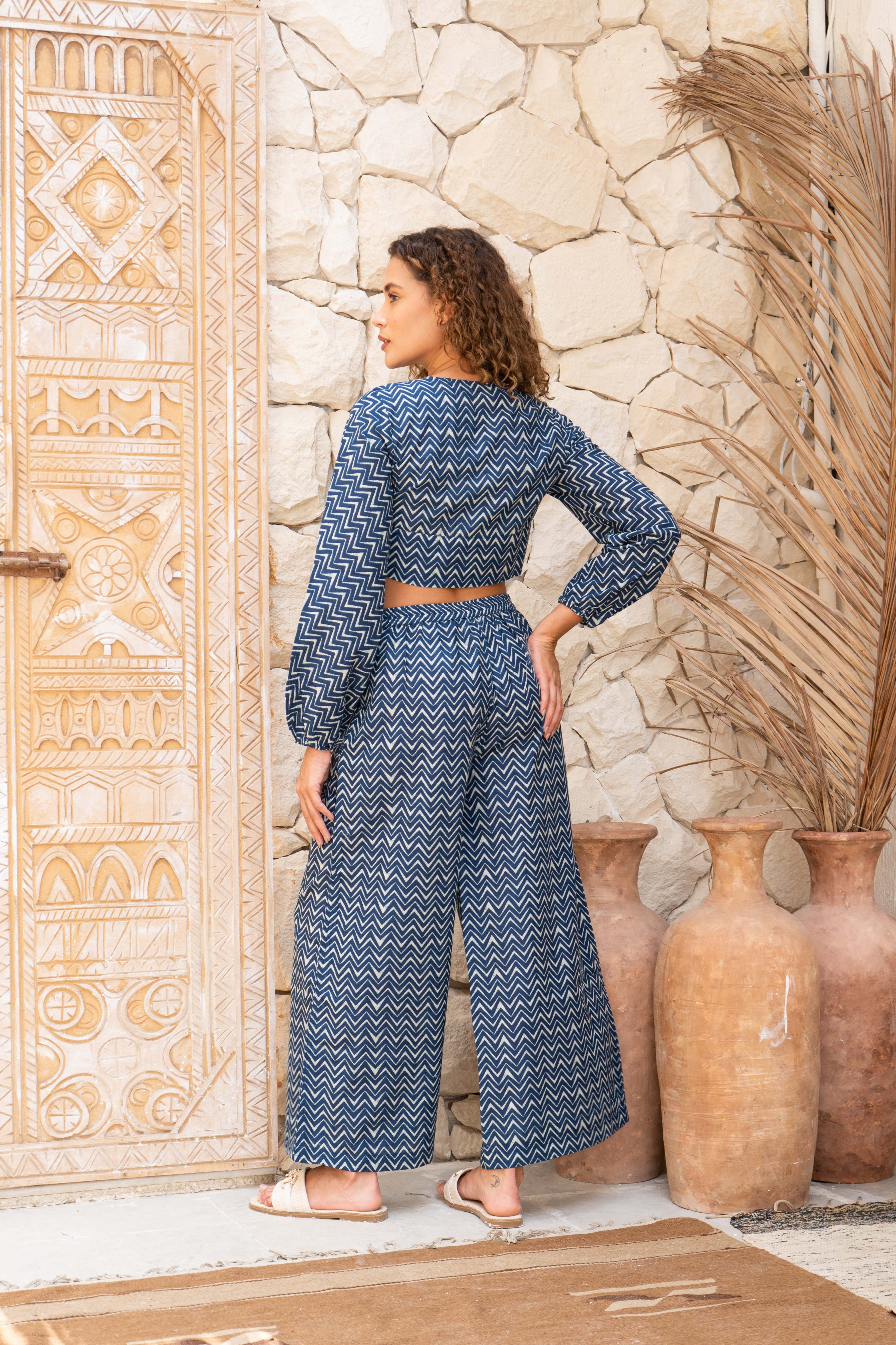 Blue Cotton Crop Top Co-ords Set - SanskrutiHomes 