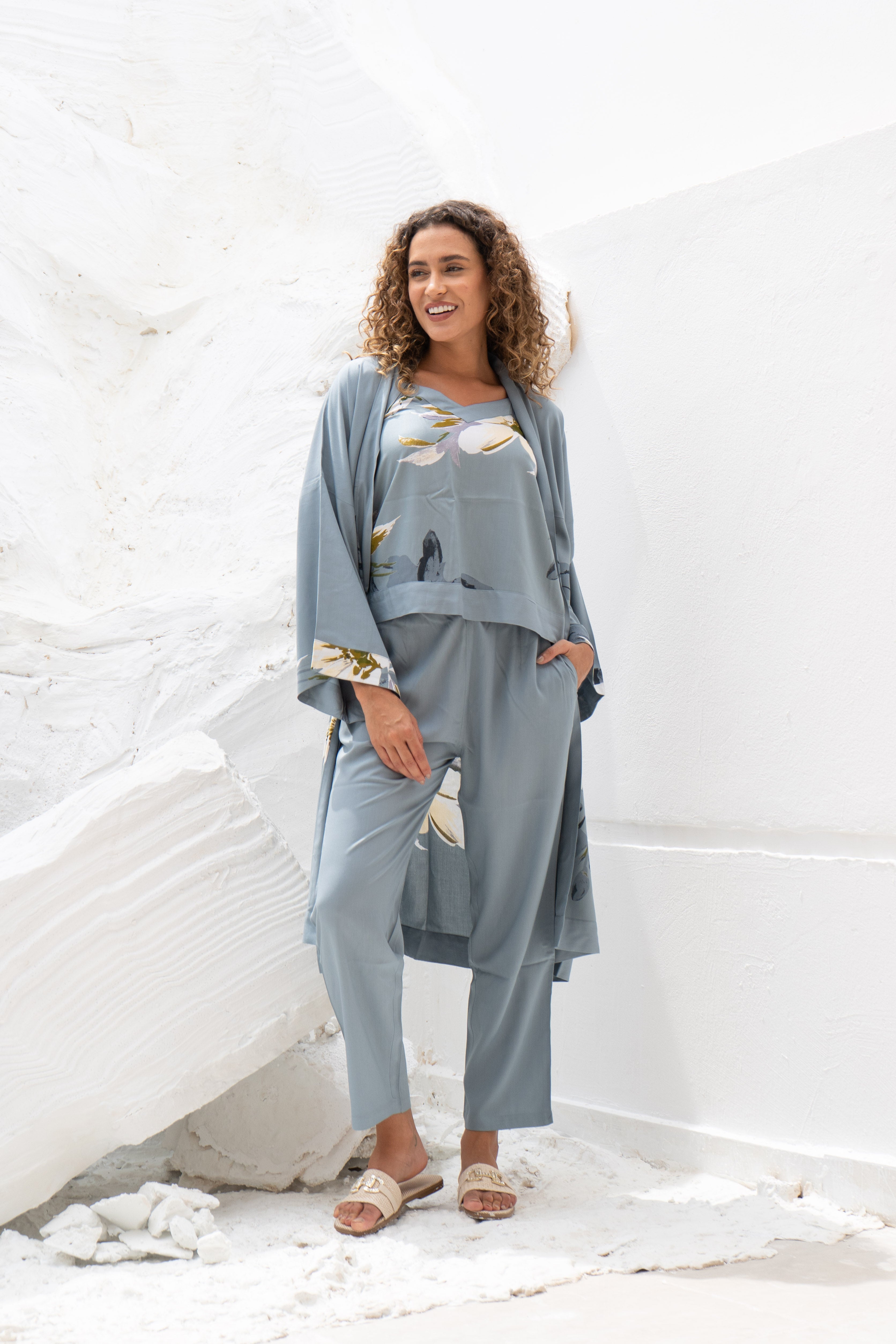 Set of 3 Grey Cotton Night Suit Set - SanskrutiHomes 