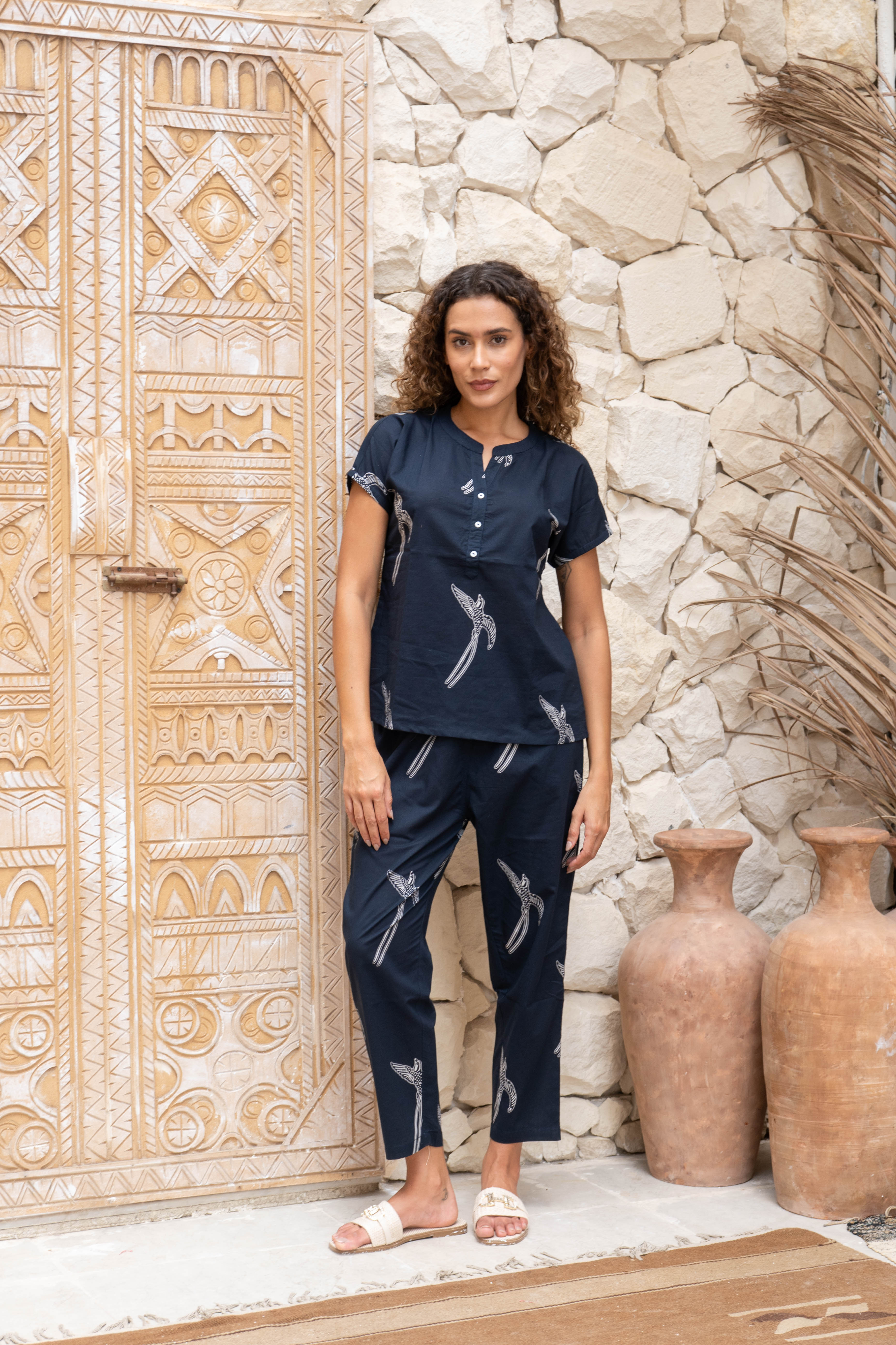 Navy Blue Printed Cotton Night Suit Set