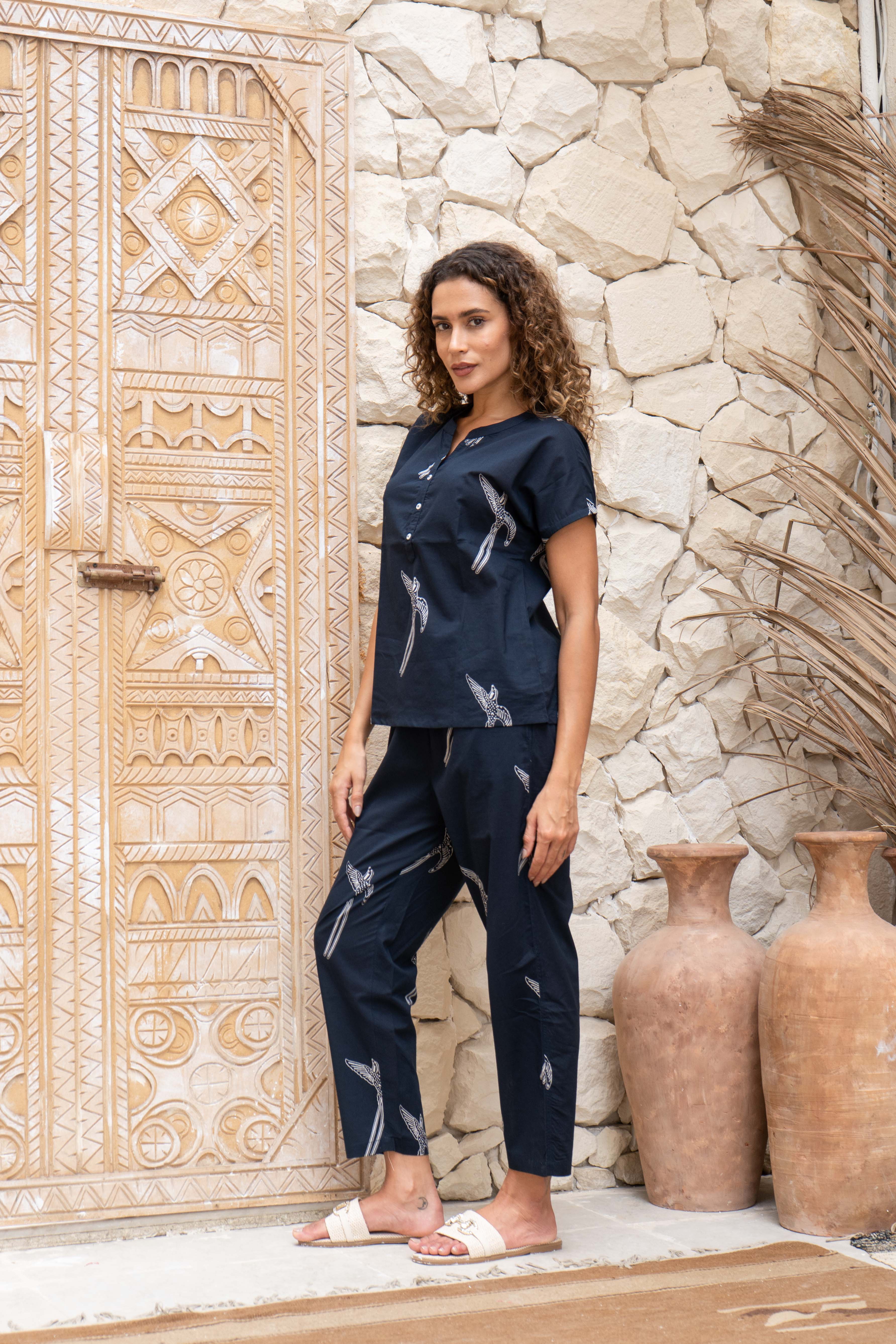 Navy Blue Printed Cotton Night Suit Set