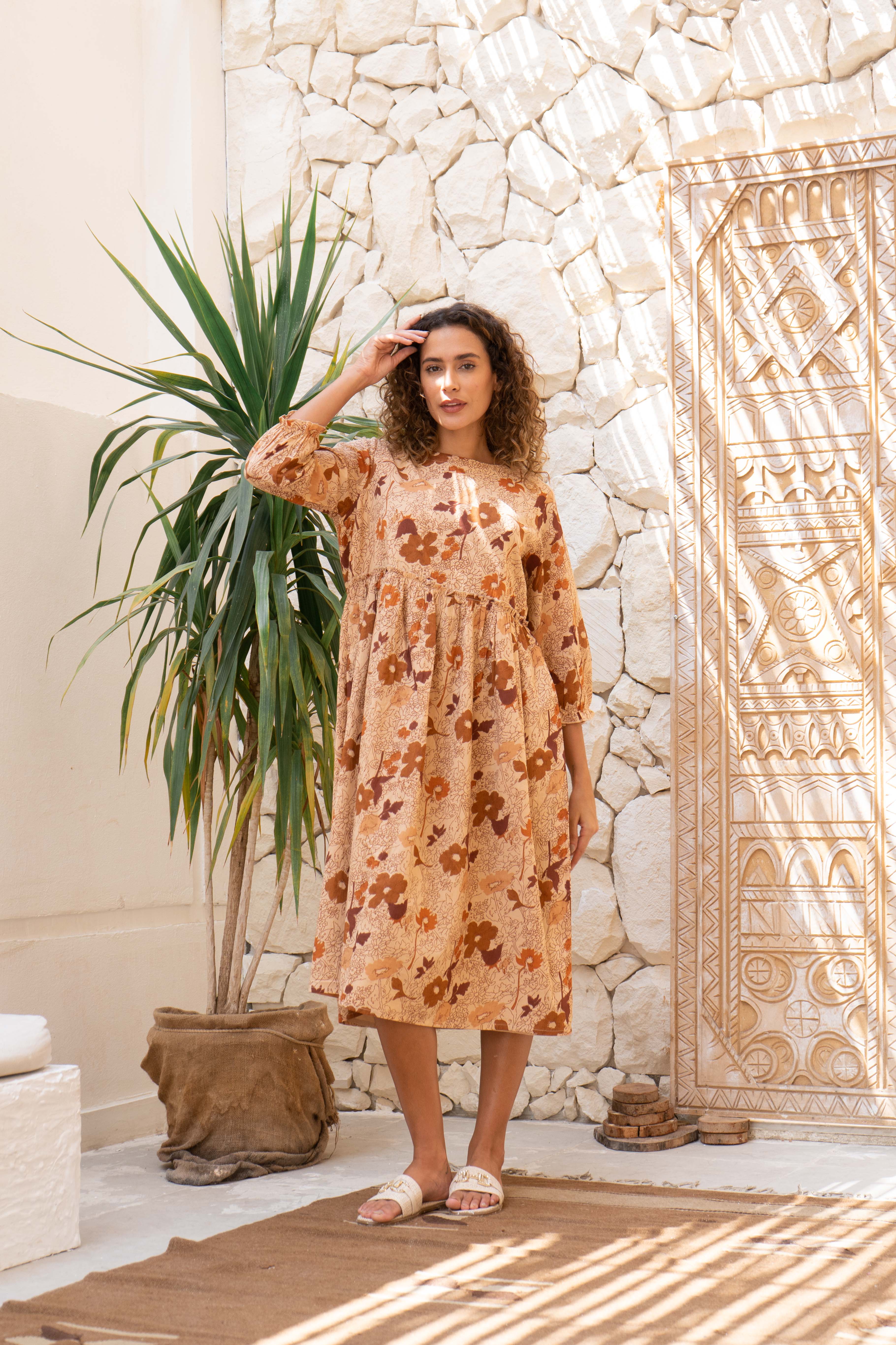 Orange Floral Printed Cotton Dress - SanskrutiHomes 