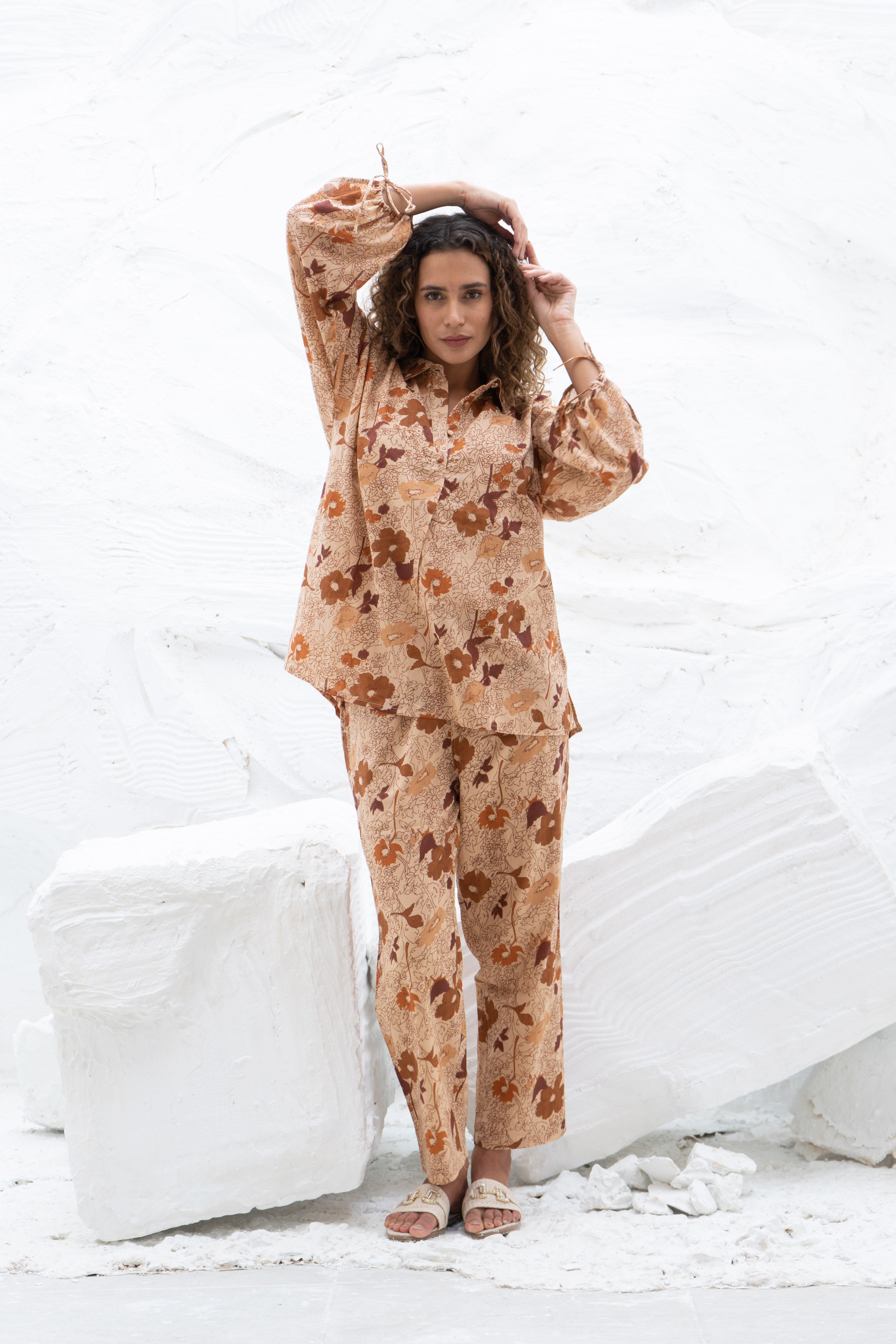 Brown Flower Printed Cotton Co-Ords Set