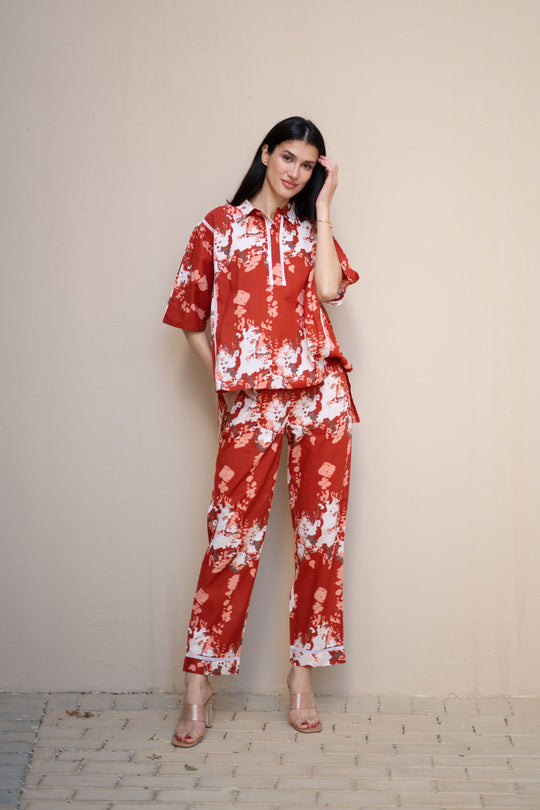 Red Color Floral Printed Cotton Night Suit