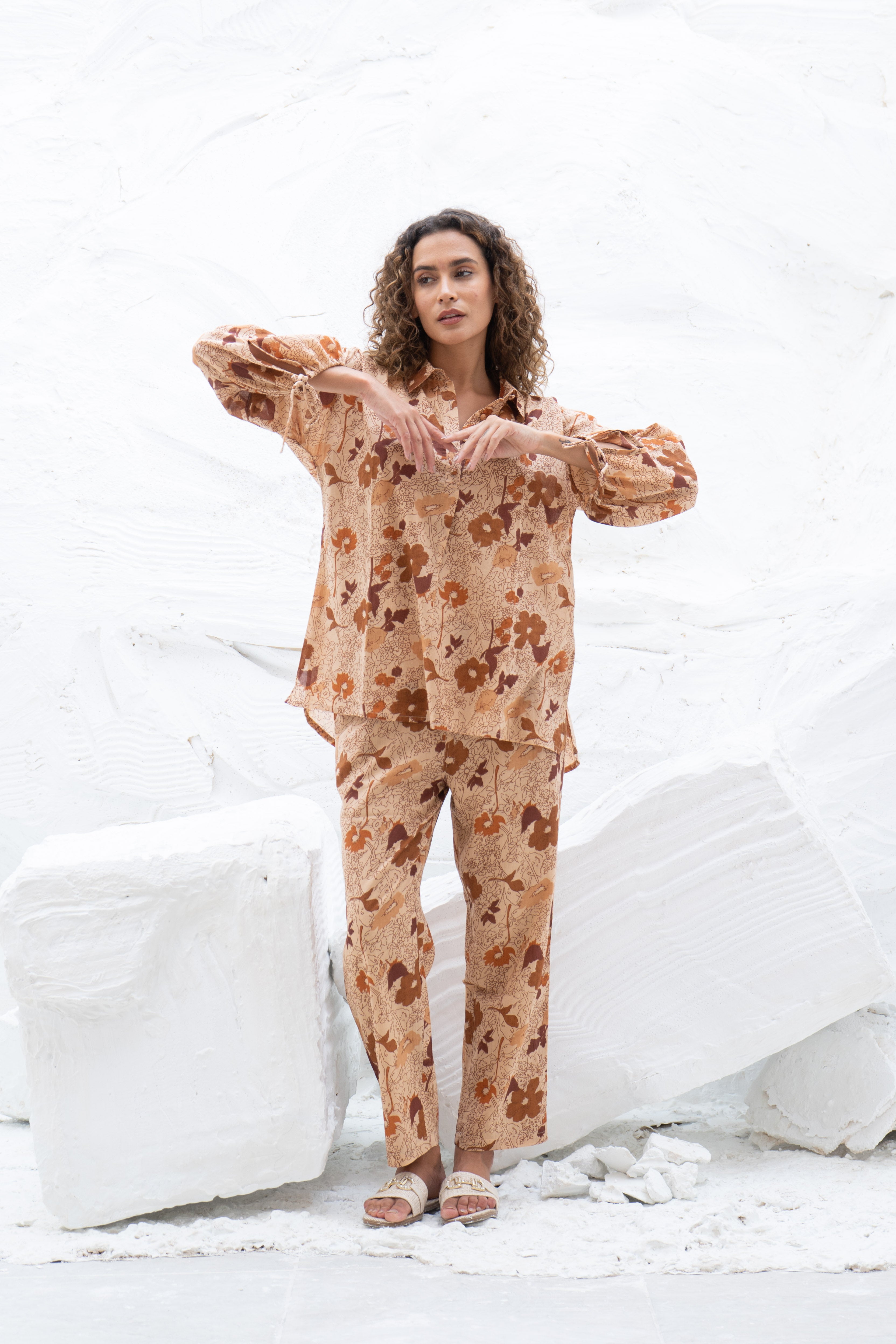 Brown Flower Printed Cotton Co-Ords Set