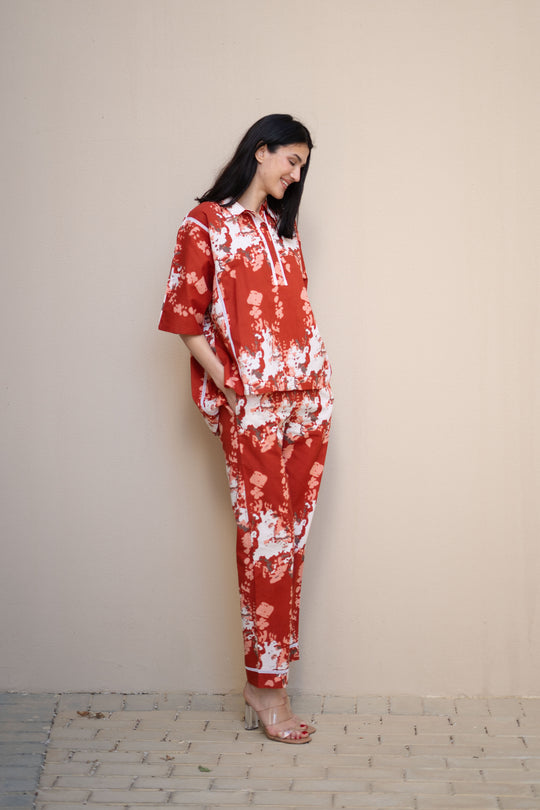 Red Color Floral Printed Cotton Night Suit