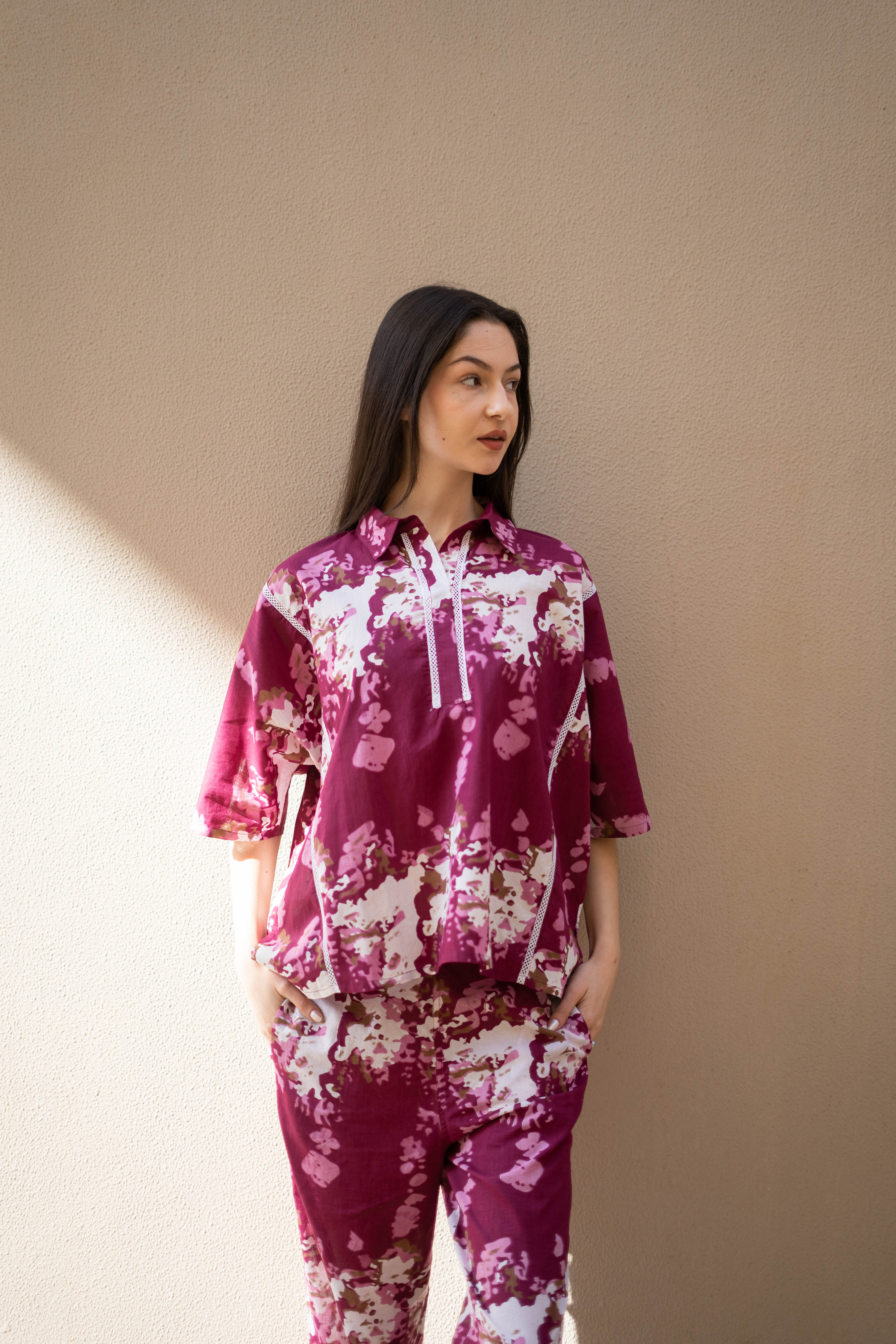 Pink Floral Printed Cotton Night Suit for Women