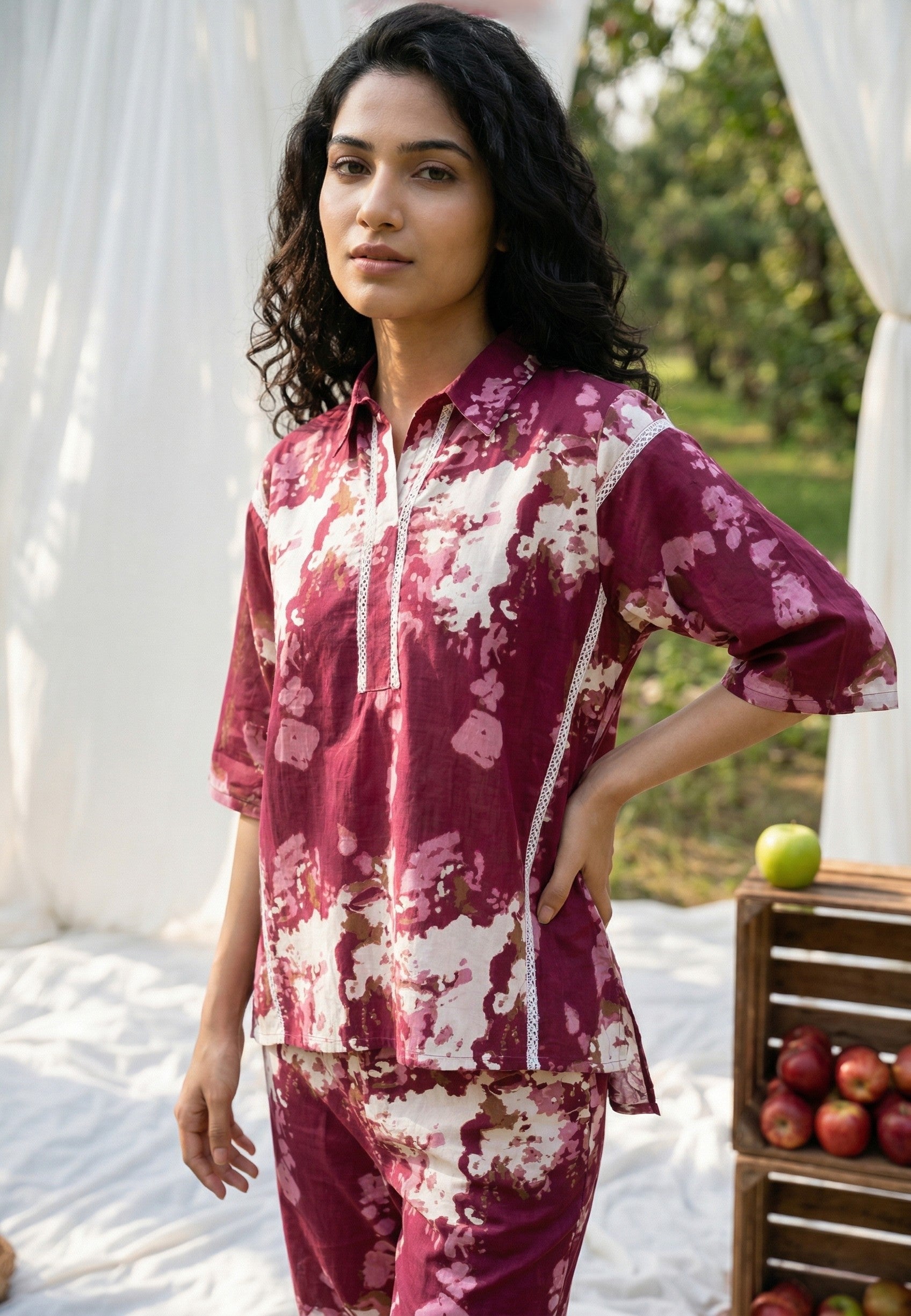 Pink Shirt Collar Floral Print Cotton Night Suit For Women