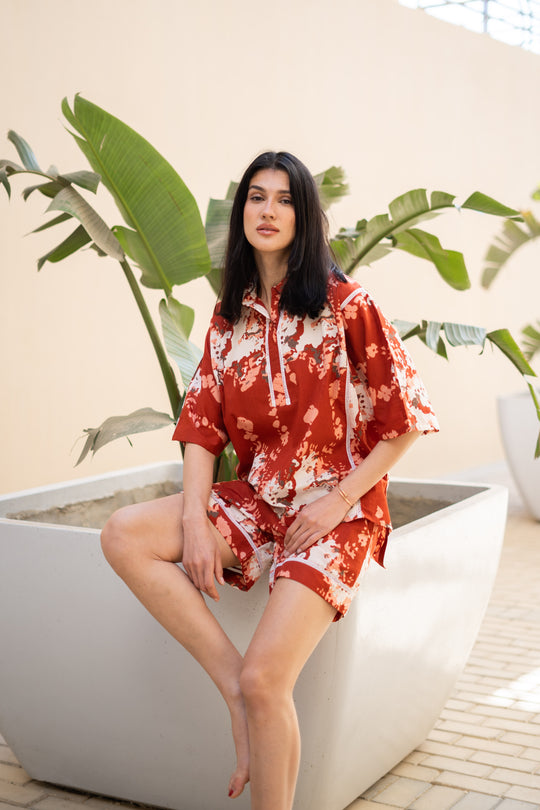 Rust Color Floral Printed Night Suit for Women