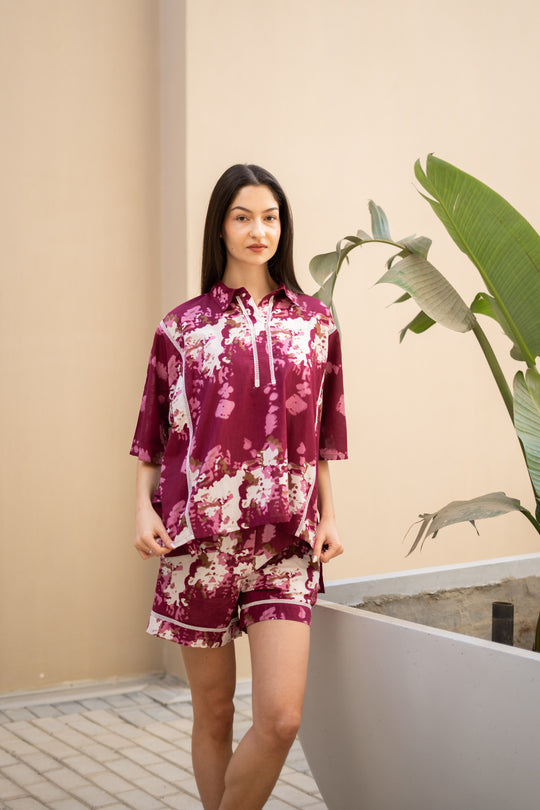 Pink Floral Printed Cotton Night Suit for Women