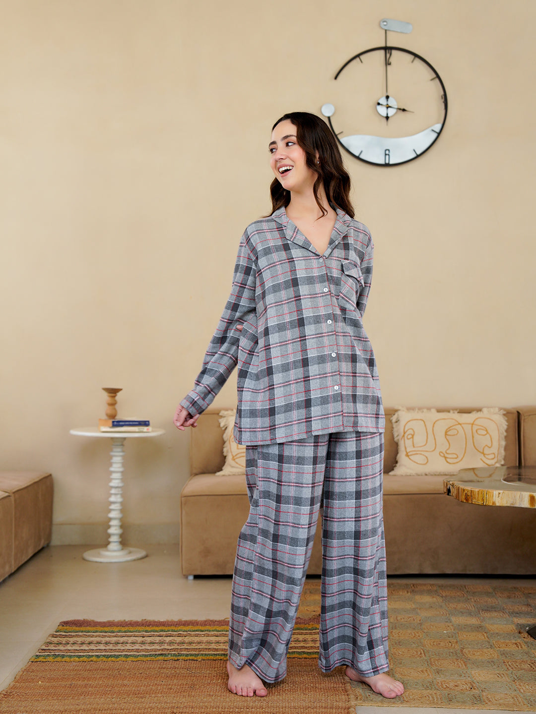 Grey V-Neck Pure Cotton Checked Winter Night Suit For Women