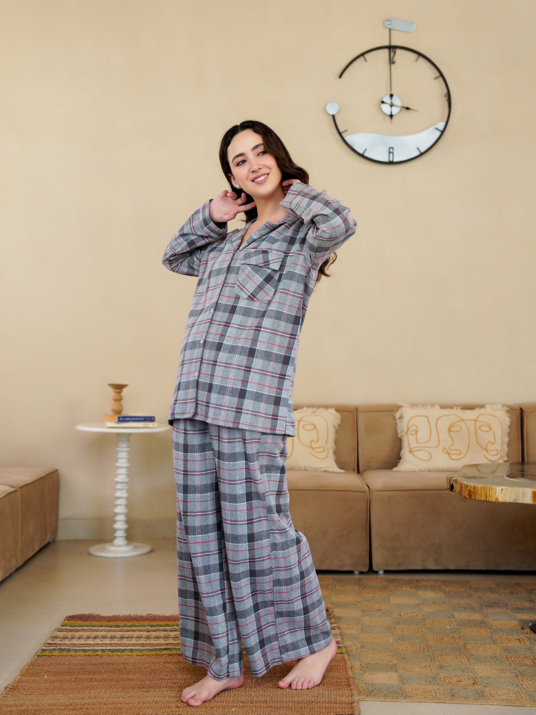 Grey V-Neck Pure Cotton Checked Winter Night Suit For Women