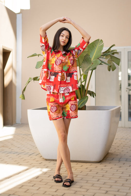 Women Abstract Printed Red Night Suit Set