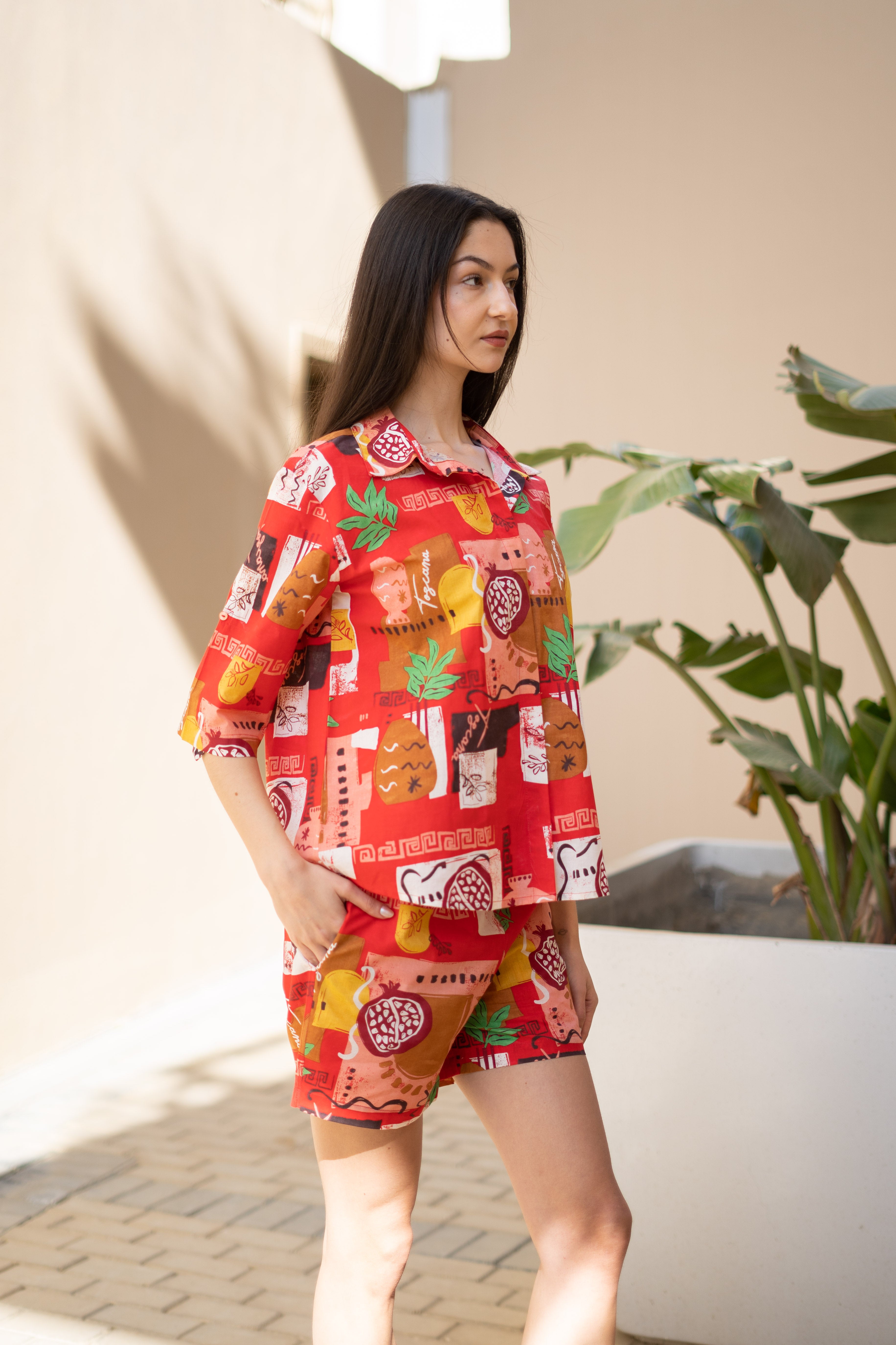 Women Abstract Printed Red Night Suit Set