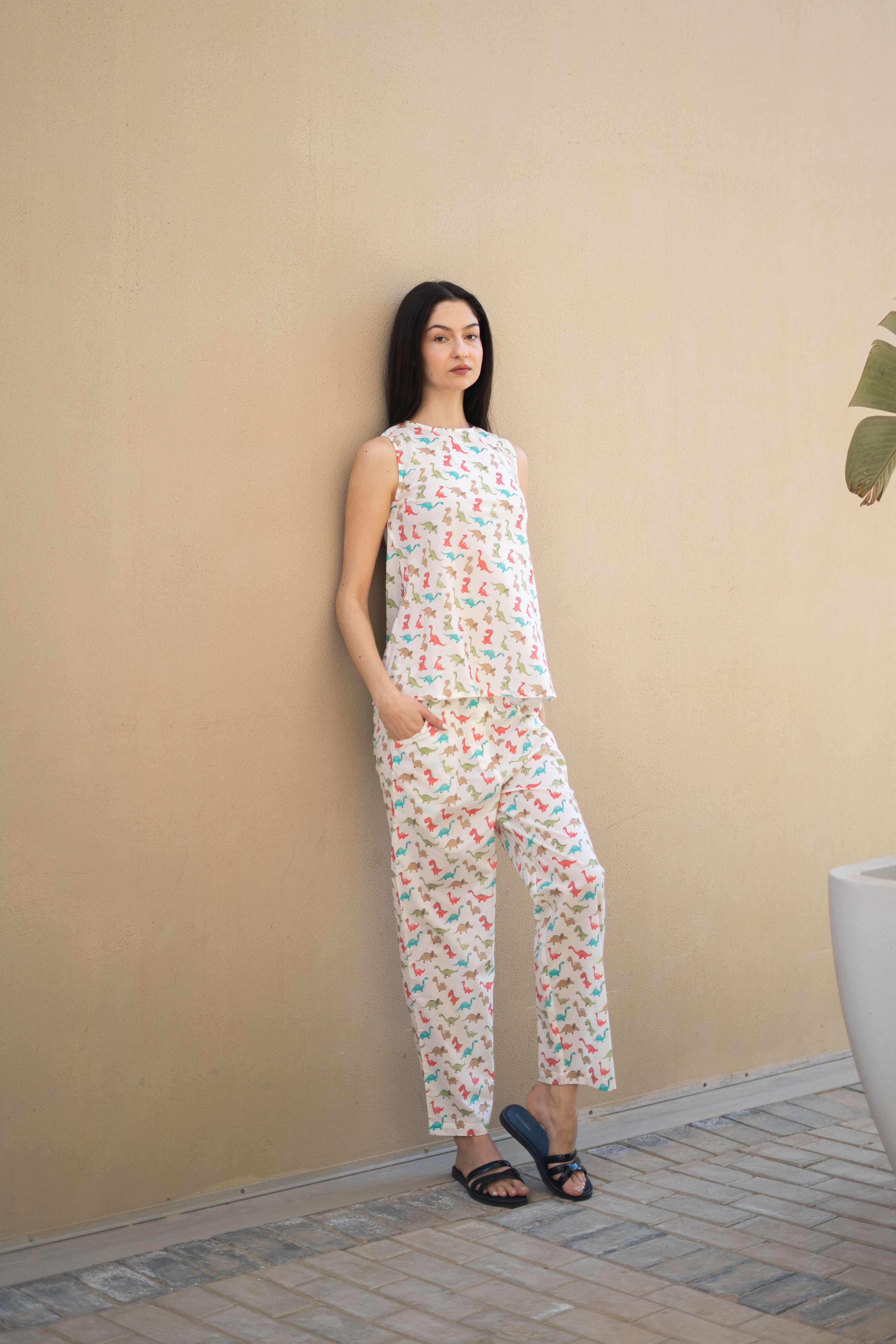 Off White Round Neck Animal Print Cotton Night Suit