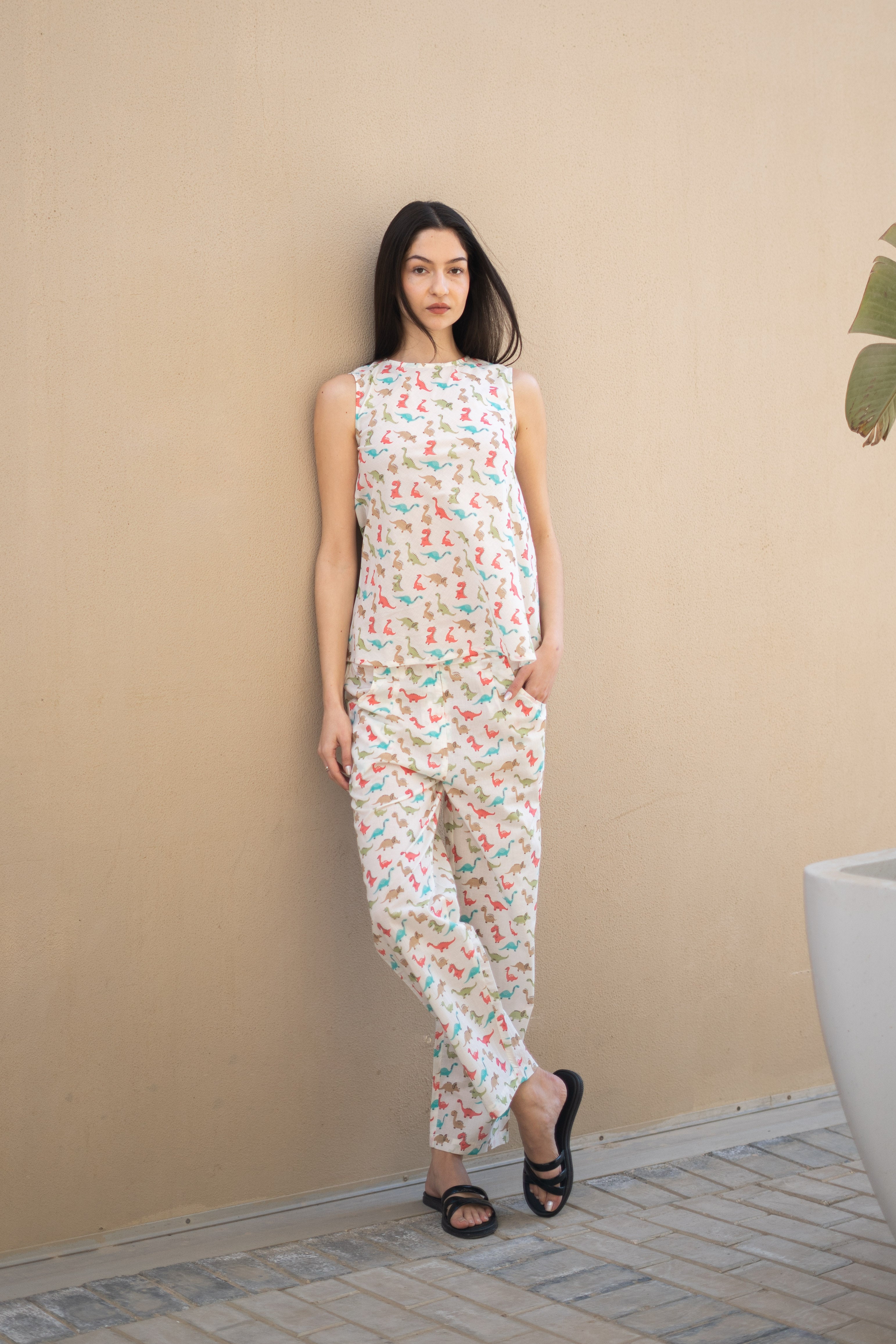 Off White Round Neck Animal Print Cotton Night Suit