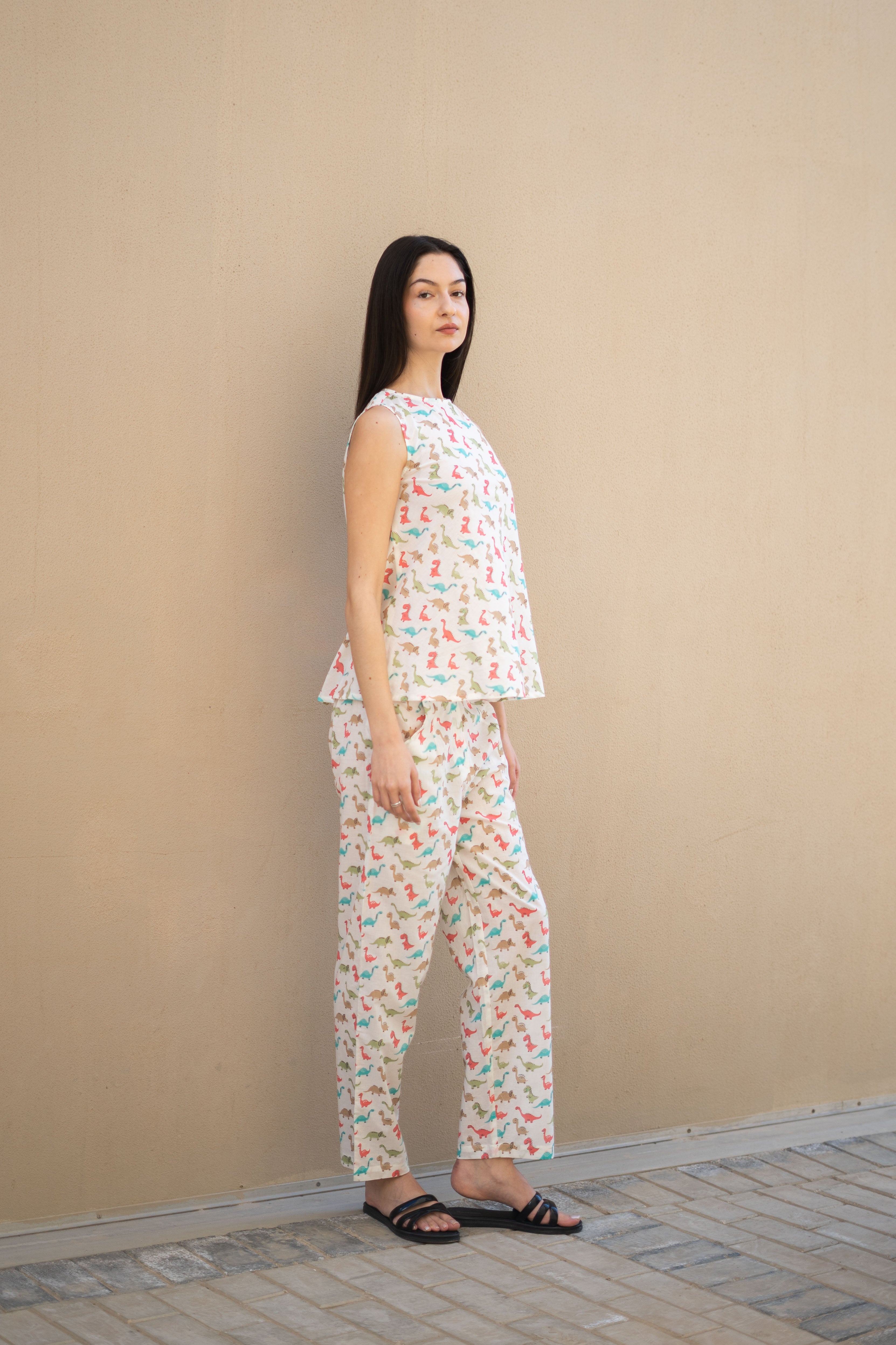 Off White Round Neck Animal Print Cotton Night Suit