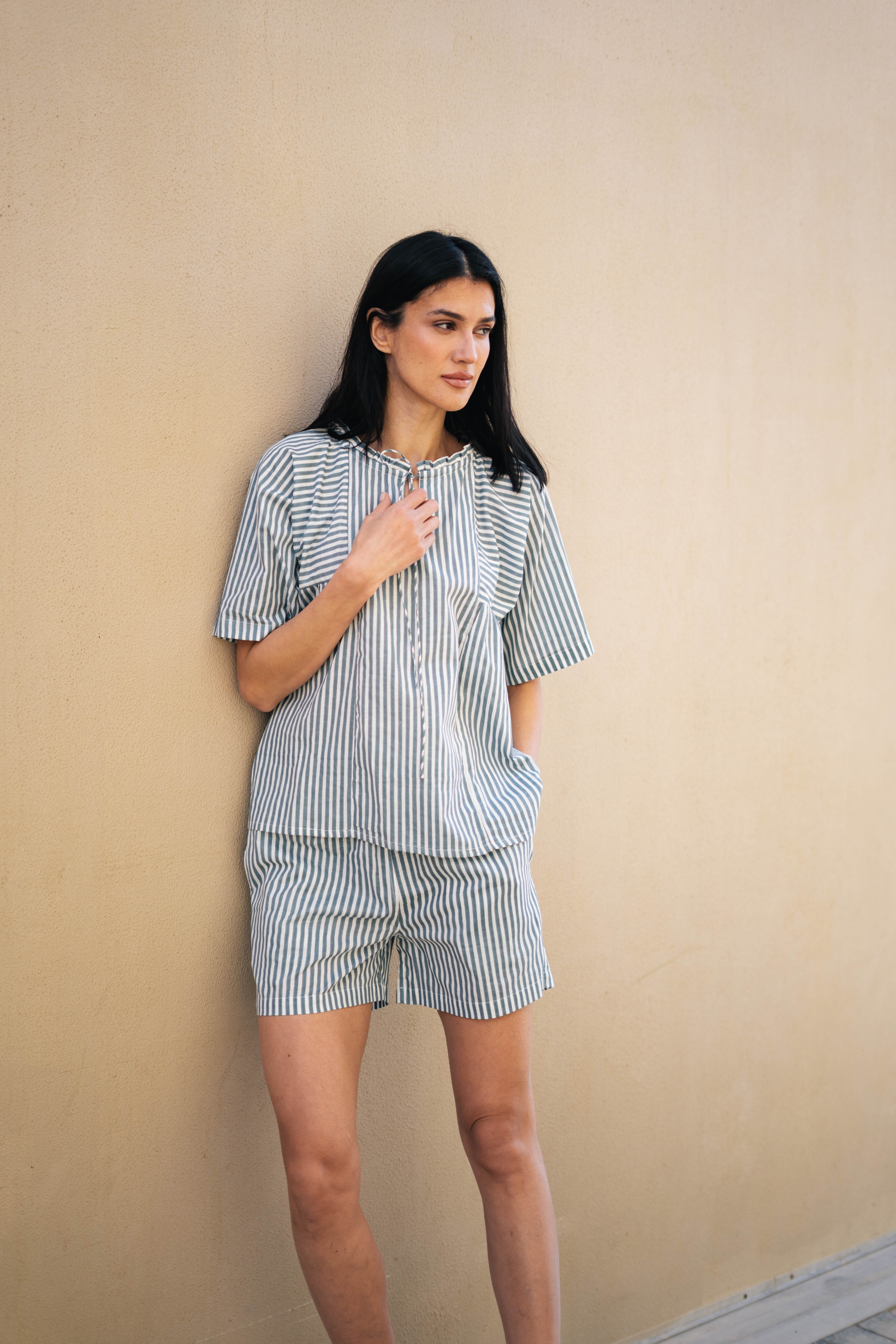 Blue Pure Cotton Striped V-Neck night suit for women - SanskrutiHomes 