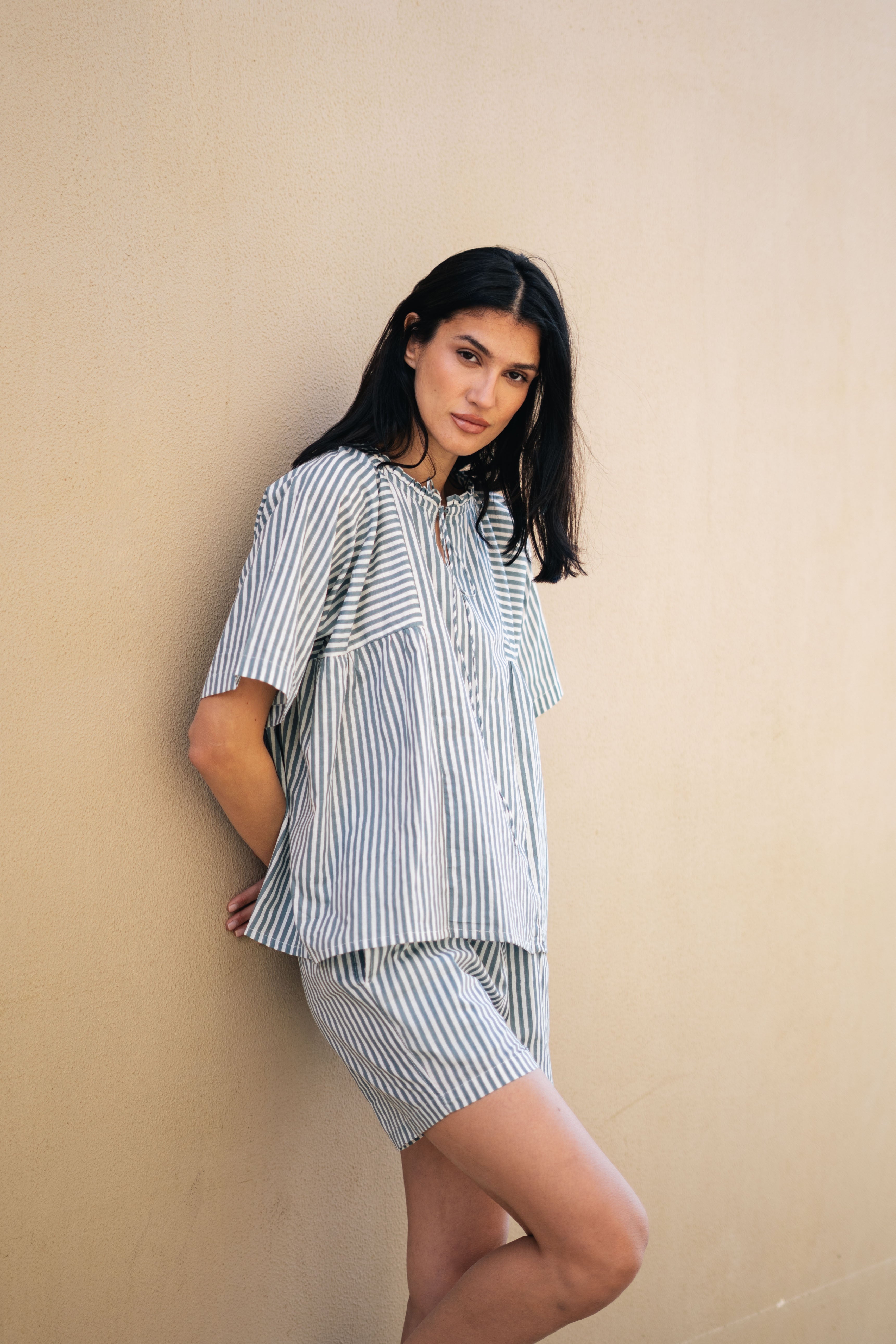 Blue Pure Cotton Striped V-Neck night suit for women - SanskrutiHomes 