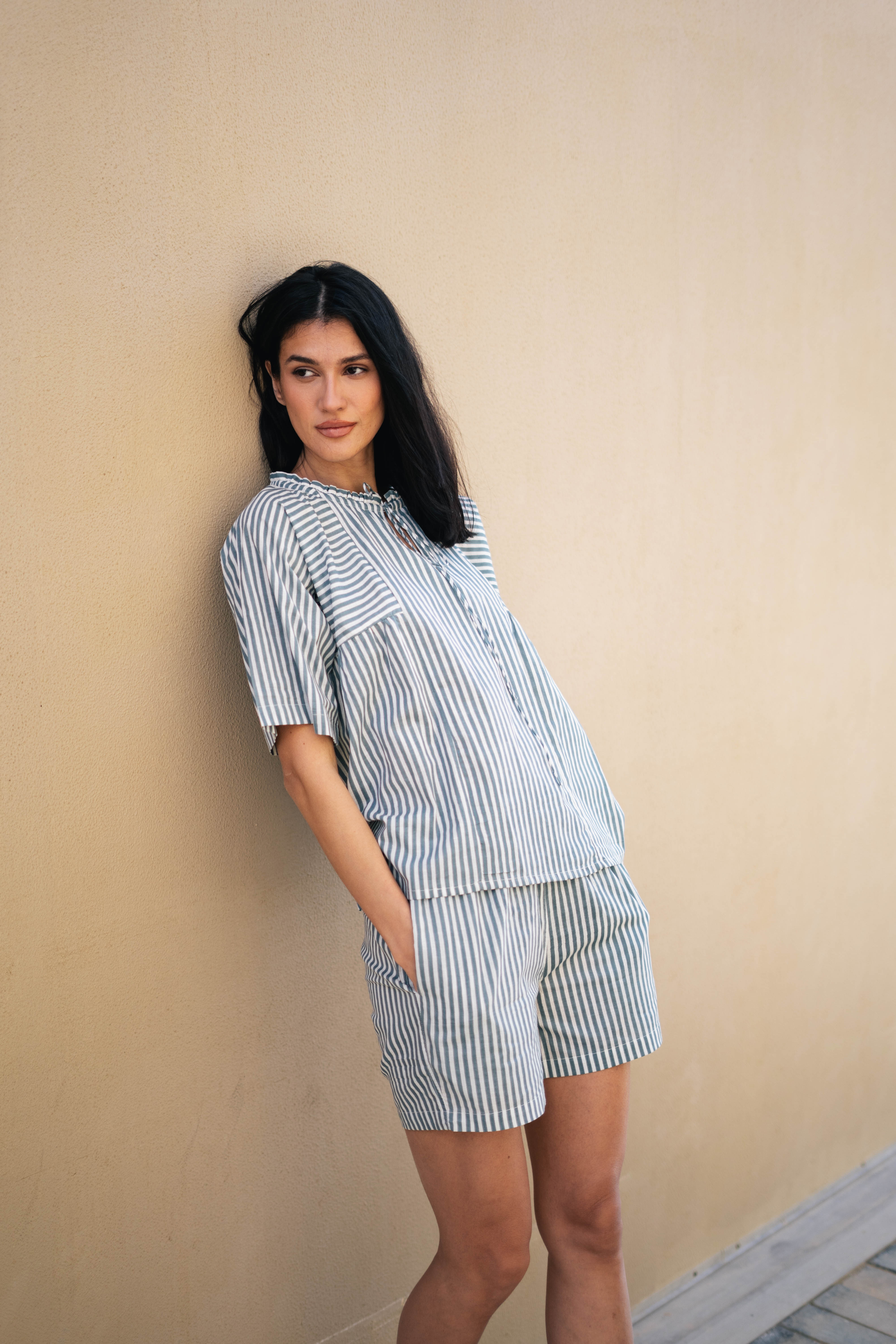 Blue Pure Cotton Striped V-Neck night suit for women - SanskrutiHomes 