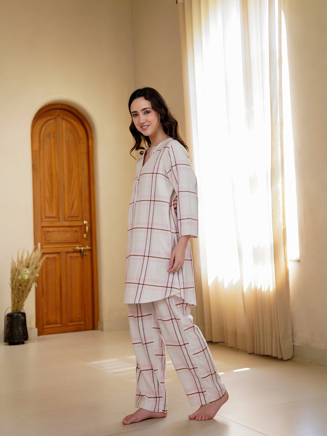 Pink Mandarin Collar Pure Cotton Checked Night Suit for Women