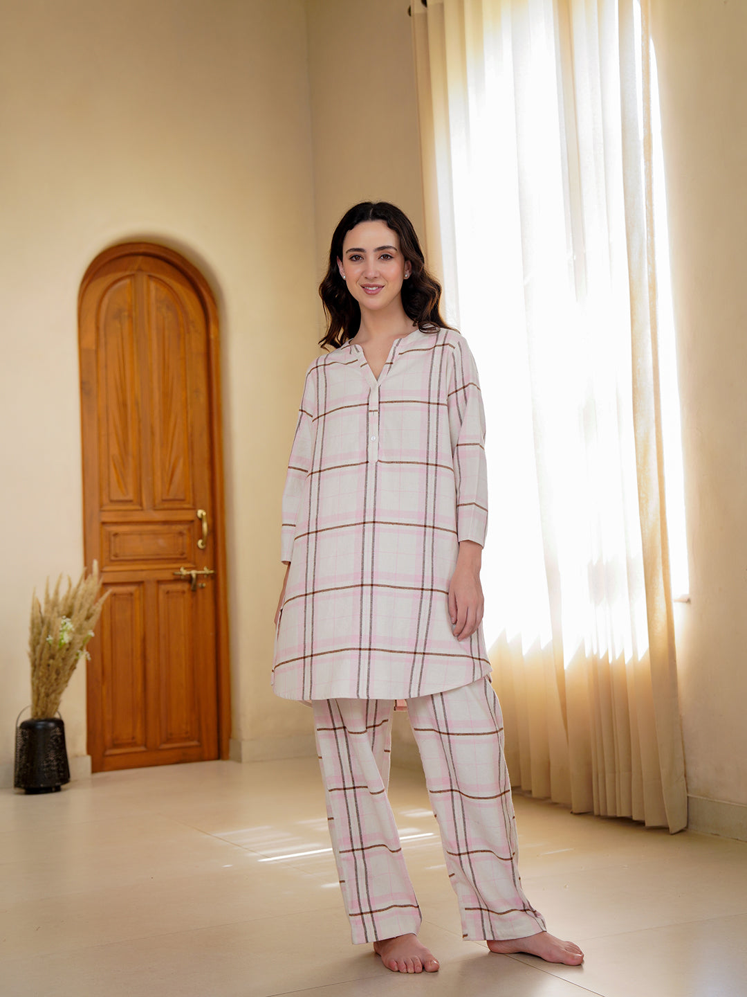 Pink Mandarin Collar Pure Cotton Checked Night Suit for Women