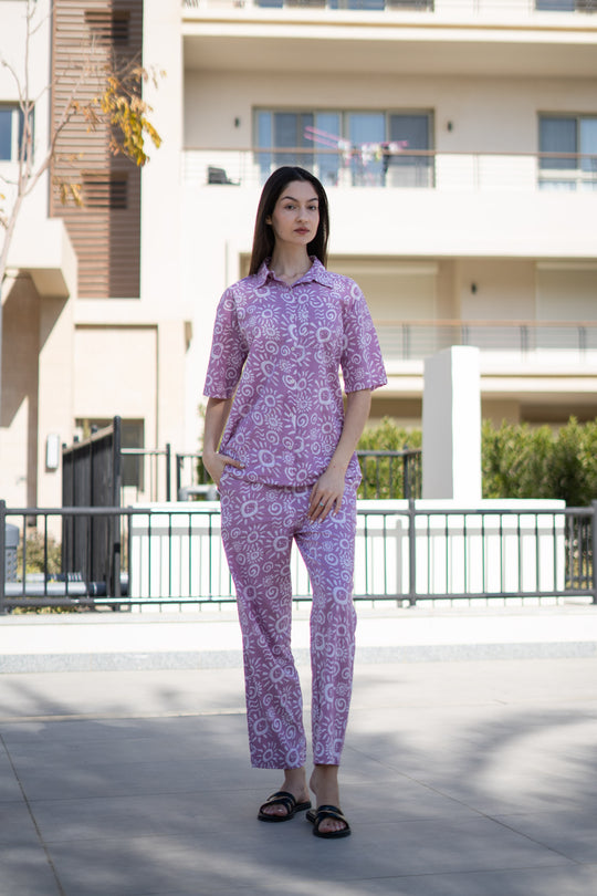 Lavender Color Printed Cotton Night Suit for Women