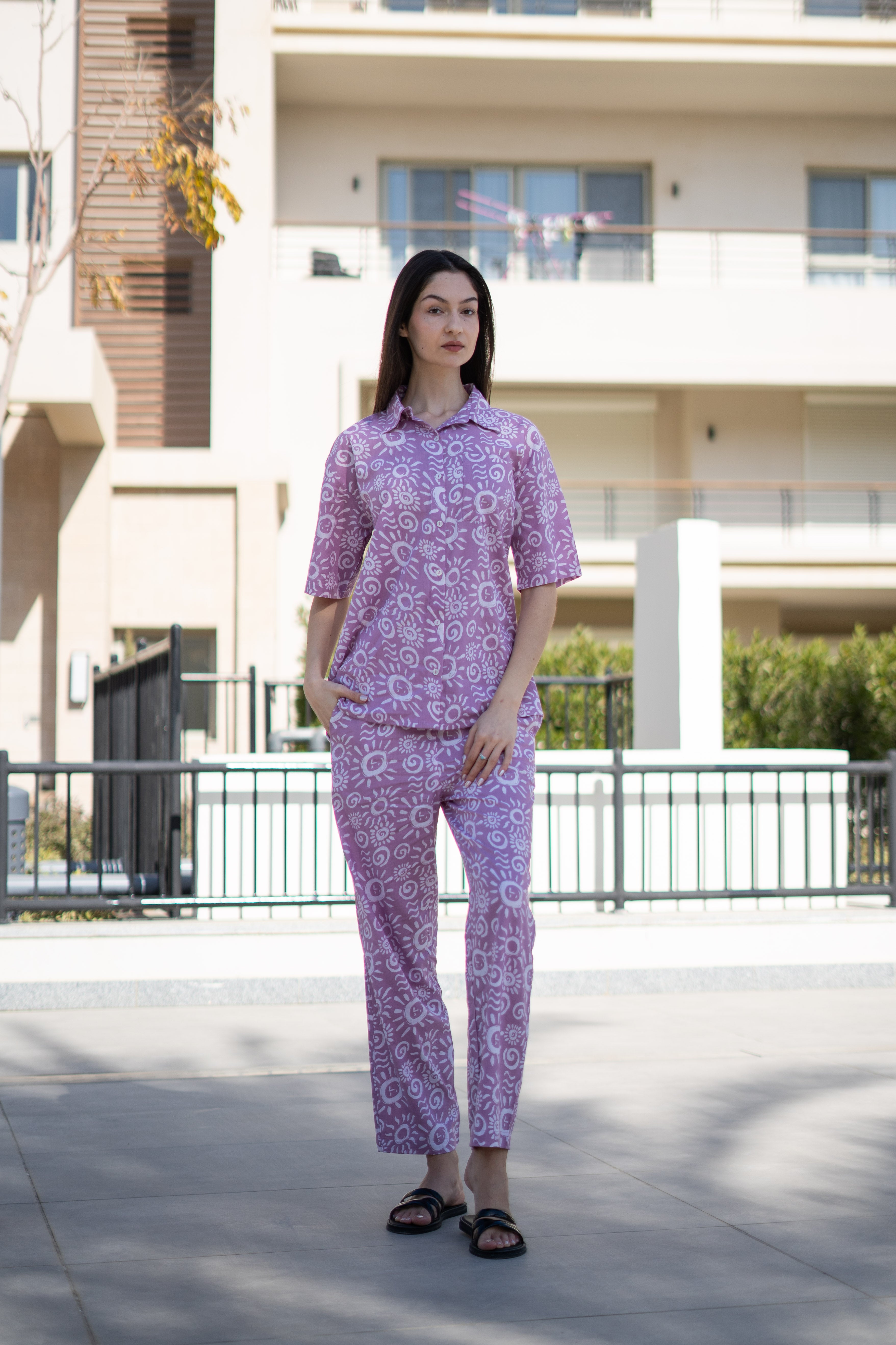 Lavender Color Printed Cotton Night Suit For Women