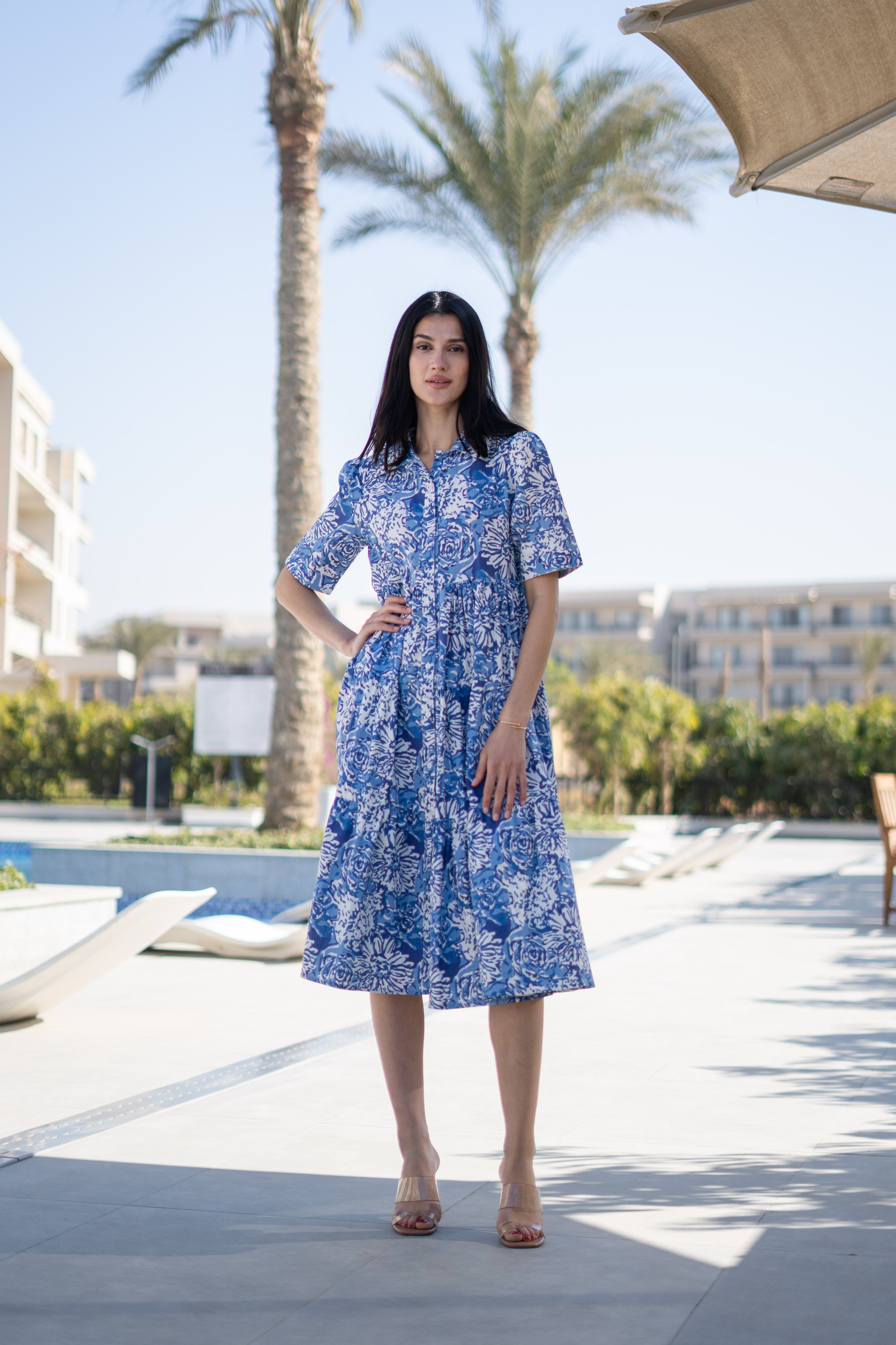 Blue Floral Printed Shirt Coller Dress