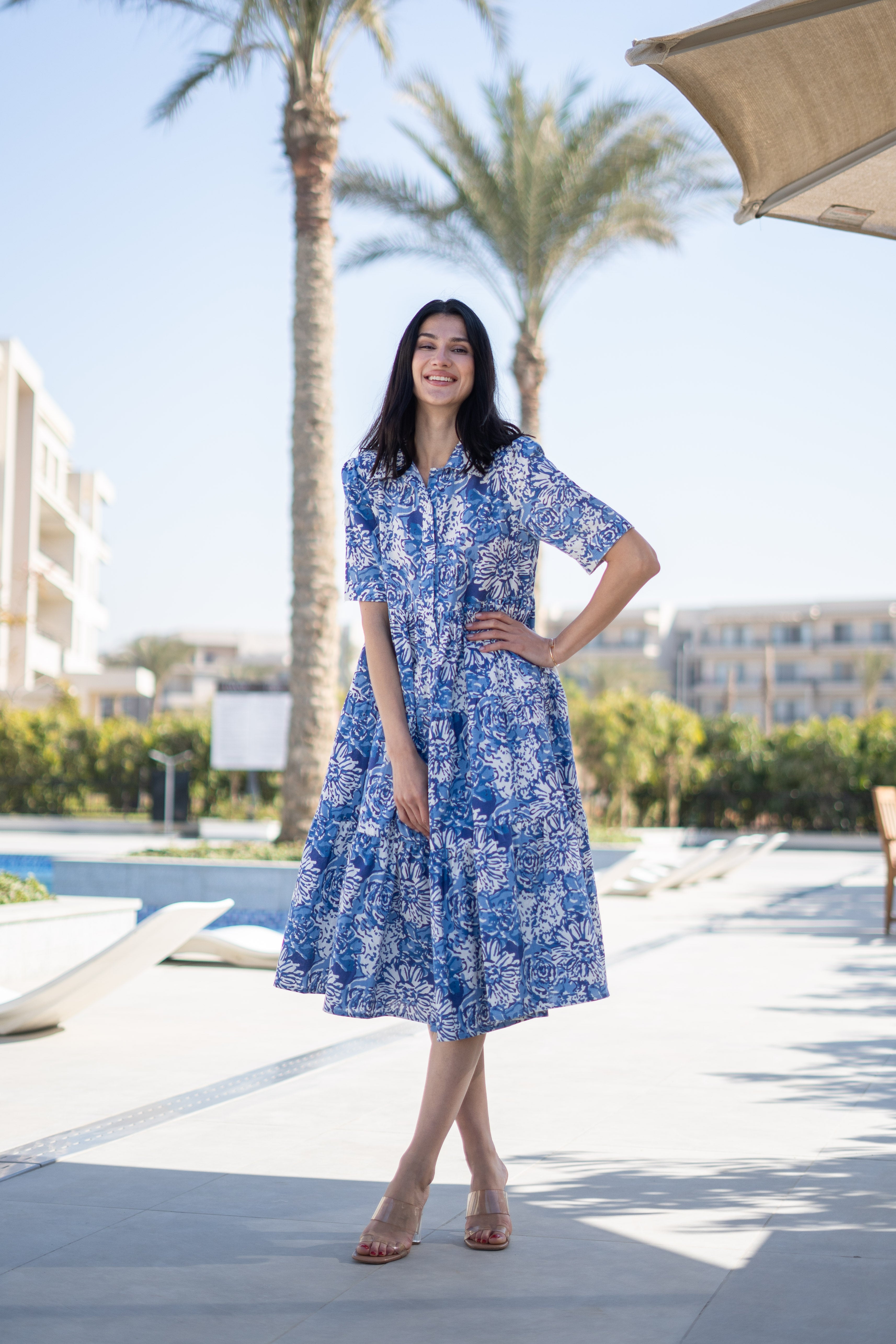 Blue Floral Printed Shirt Coller Dress