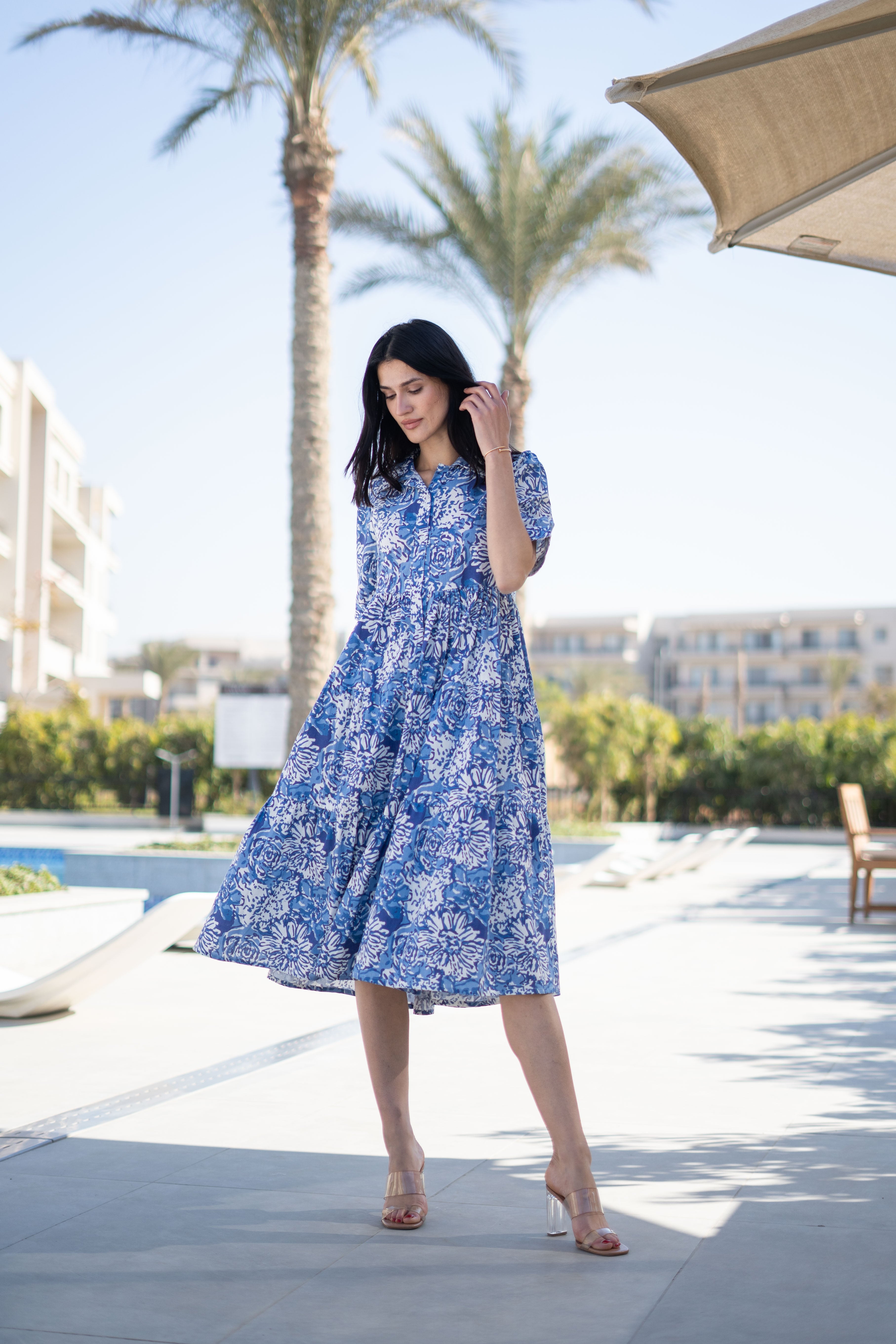 Blue Floral Printed Shirt Coller Dress