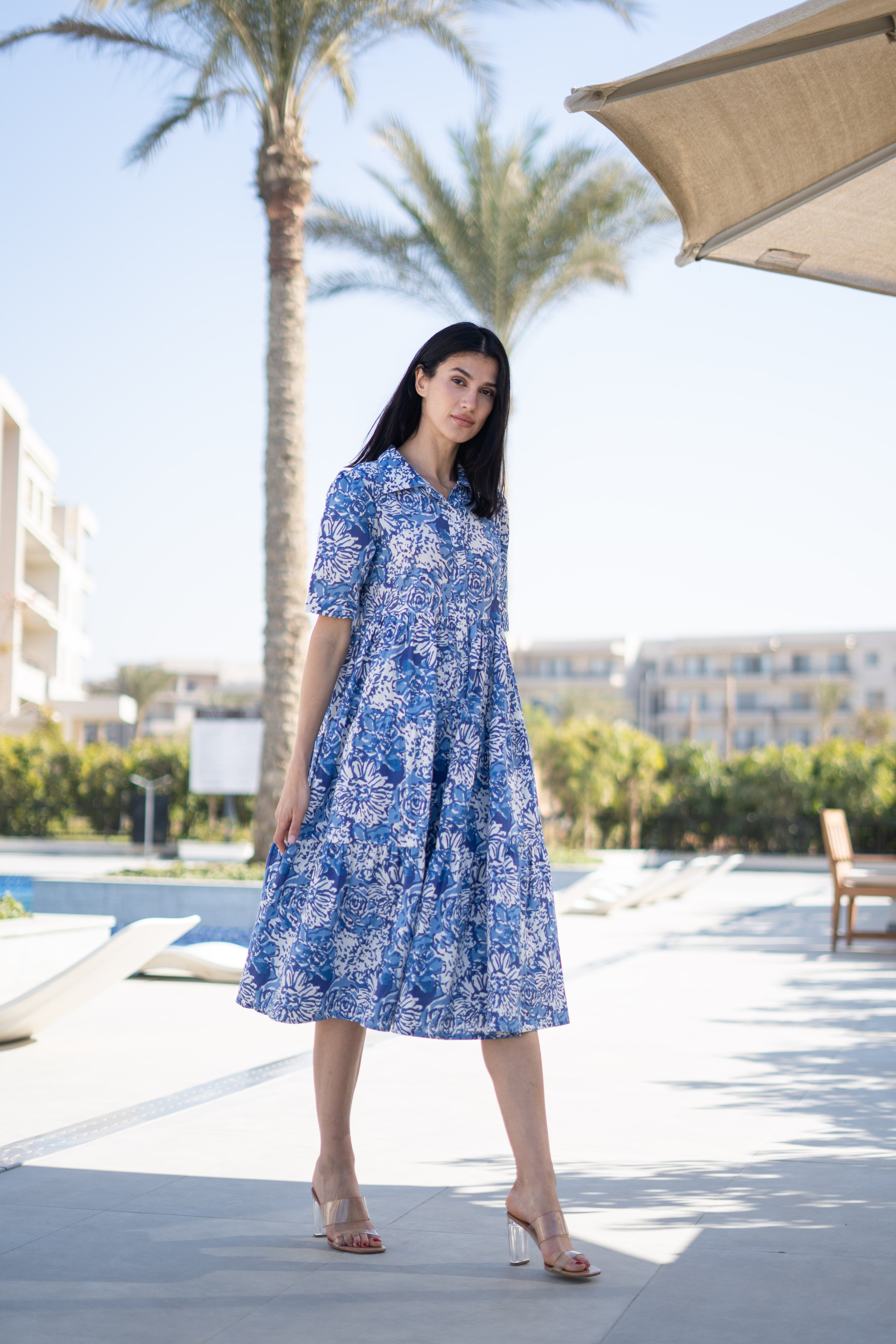 Blue Floral Printed Shirt Coller Dress