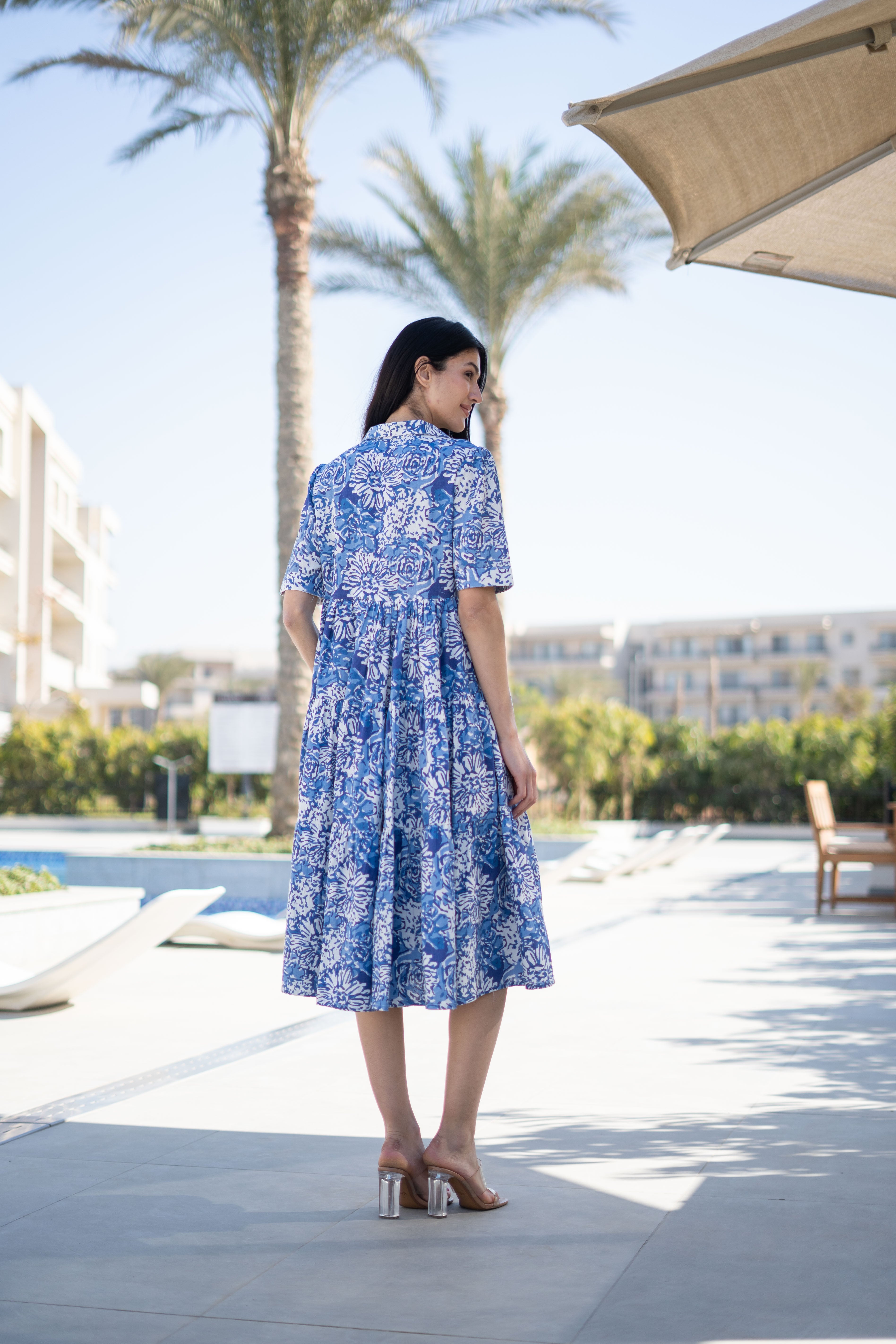 Blue Floral Printed Shirt Coller Dress