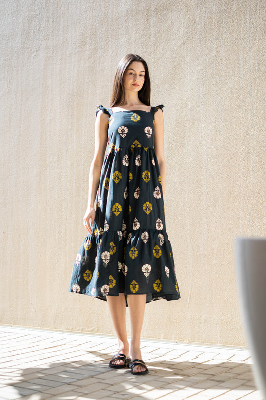 Teal Color Floral Printed Cotton Dress