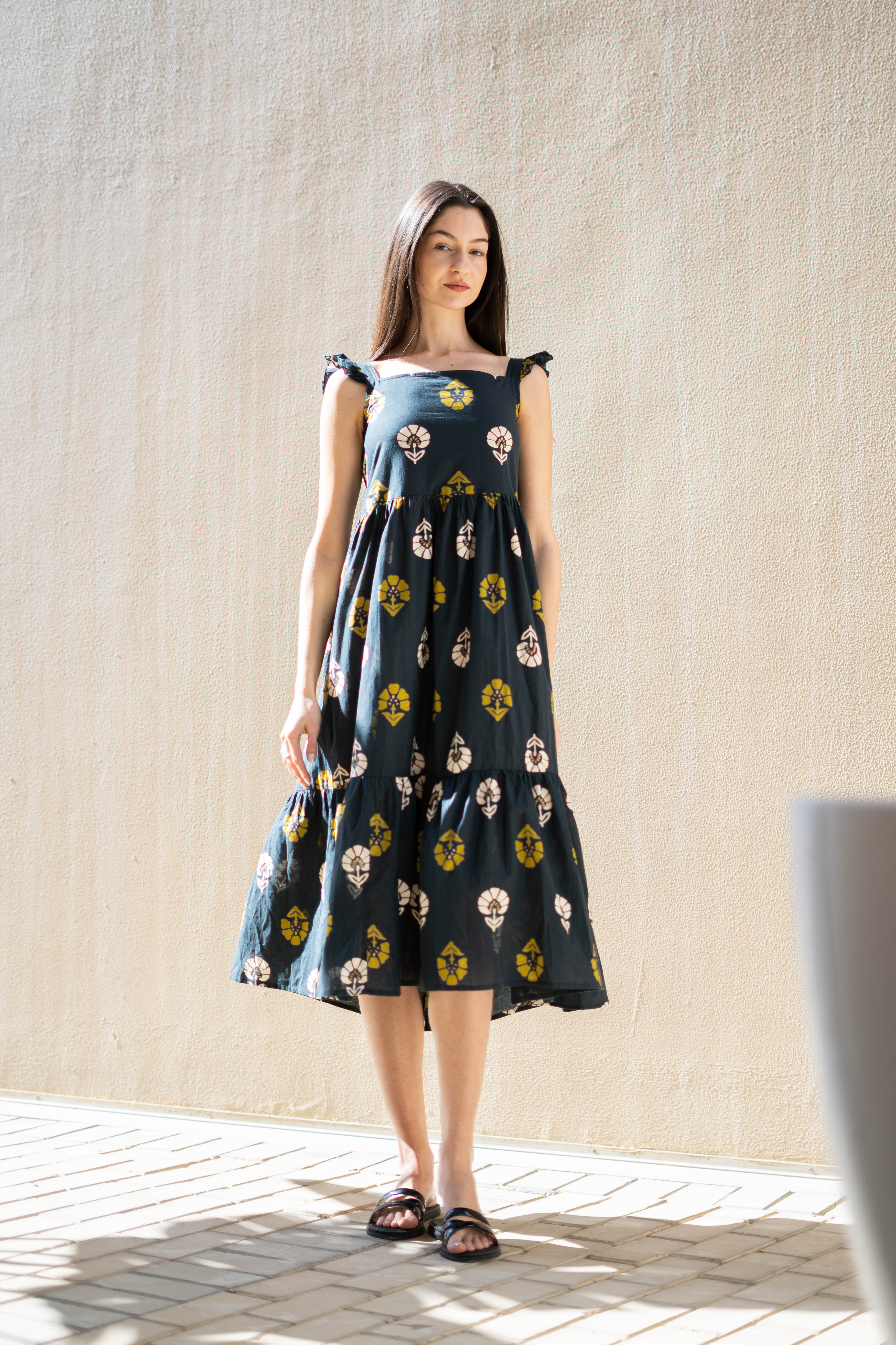 Teal Color Floral Printed Cotton Dress