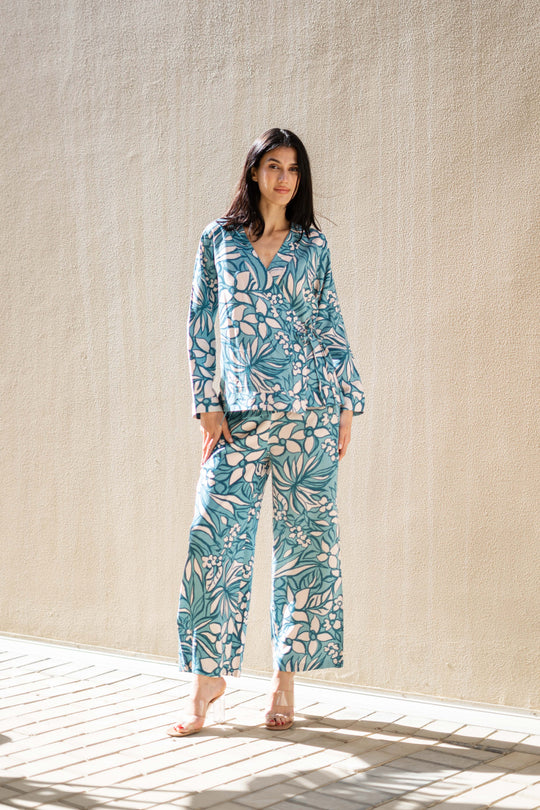 Green Floral Printed V-Neck Co-ords Set