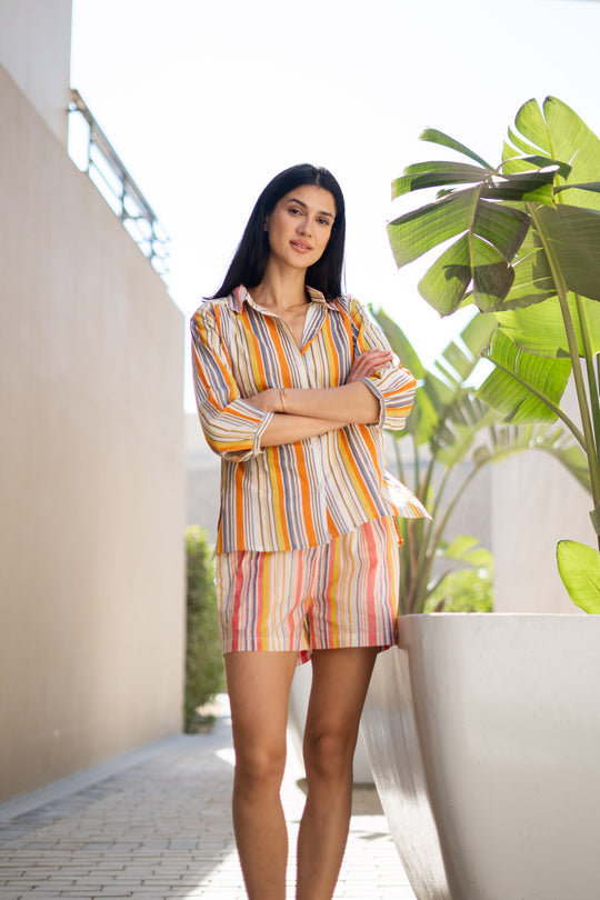 Orange Pure Cotton Printed Shirt Collar Night Suit for Women